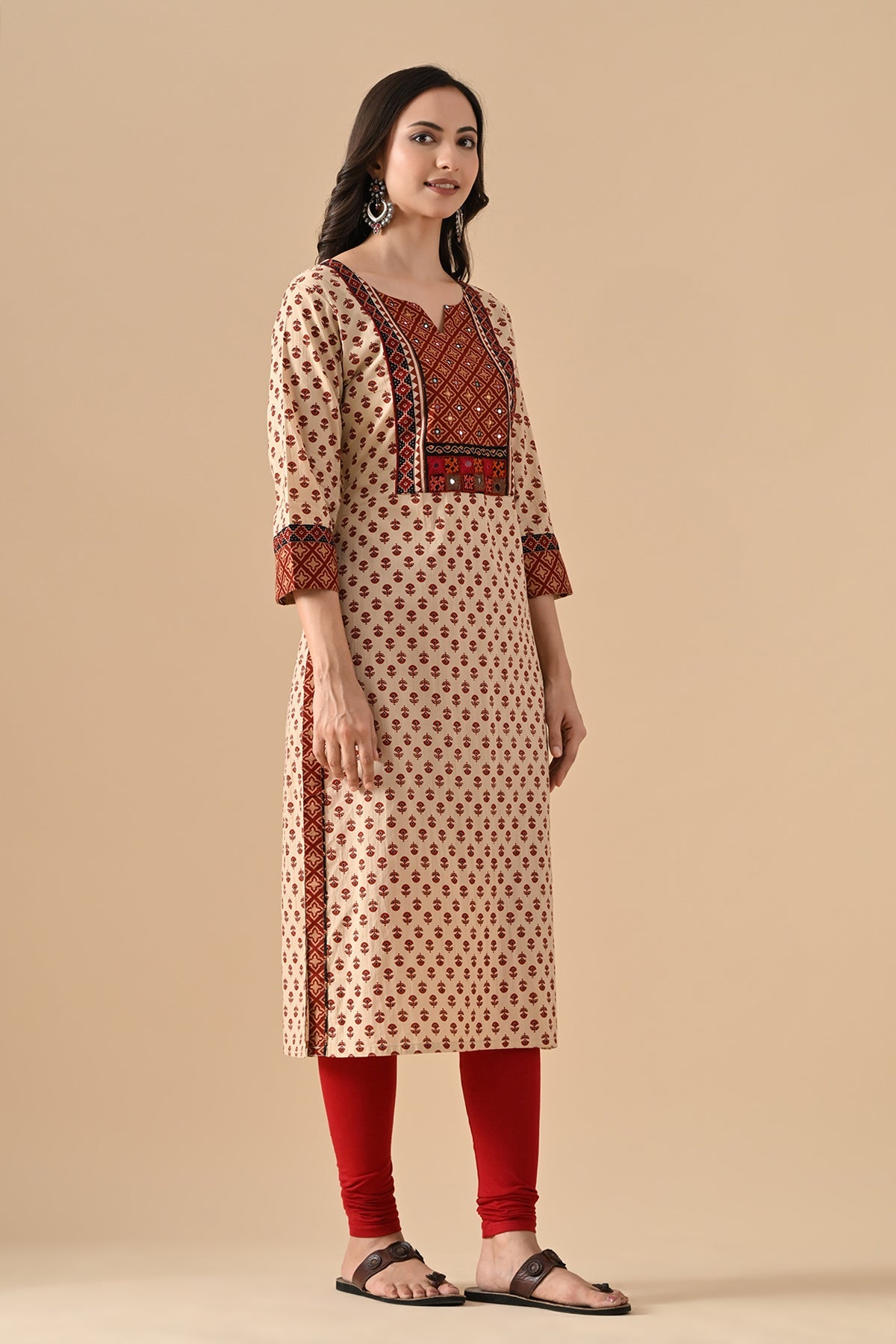 Beige Printed Straight Kurta