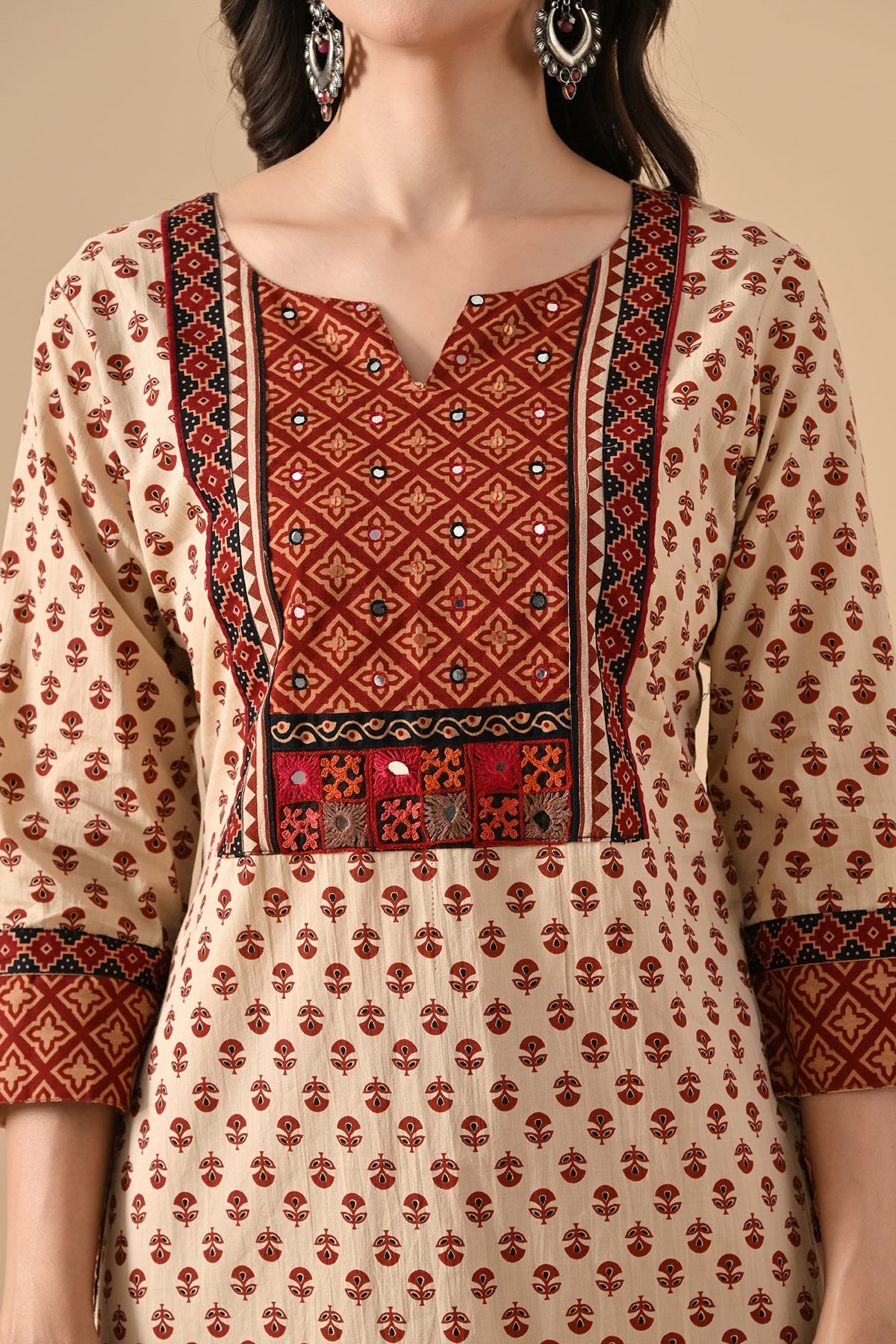 Beige Printed Straight Kurta