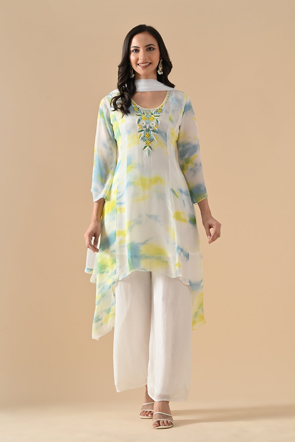 Cream Embroidered Kurta 3 Pcs Set