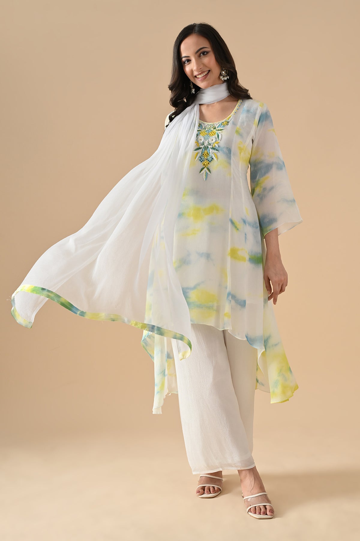 Cream Embroidered Kurta 3 Pcs Set