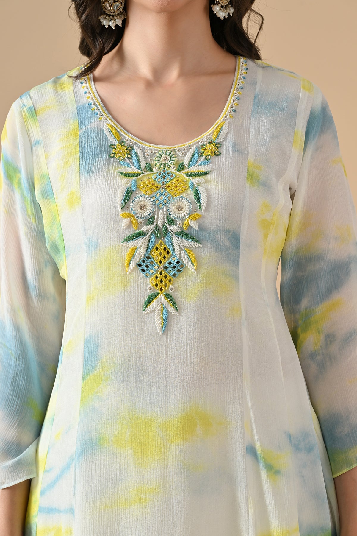 Cream Embroidered Kurta 3 Pcs Set