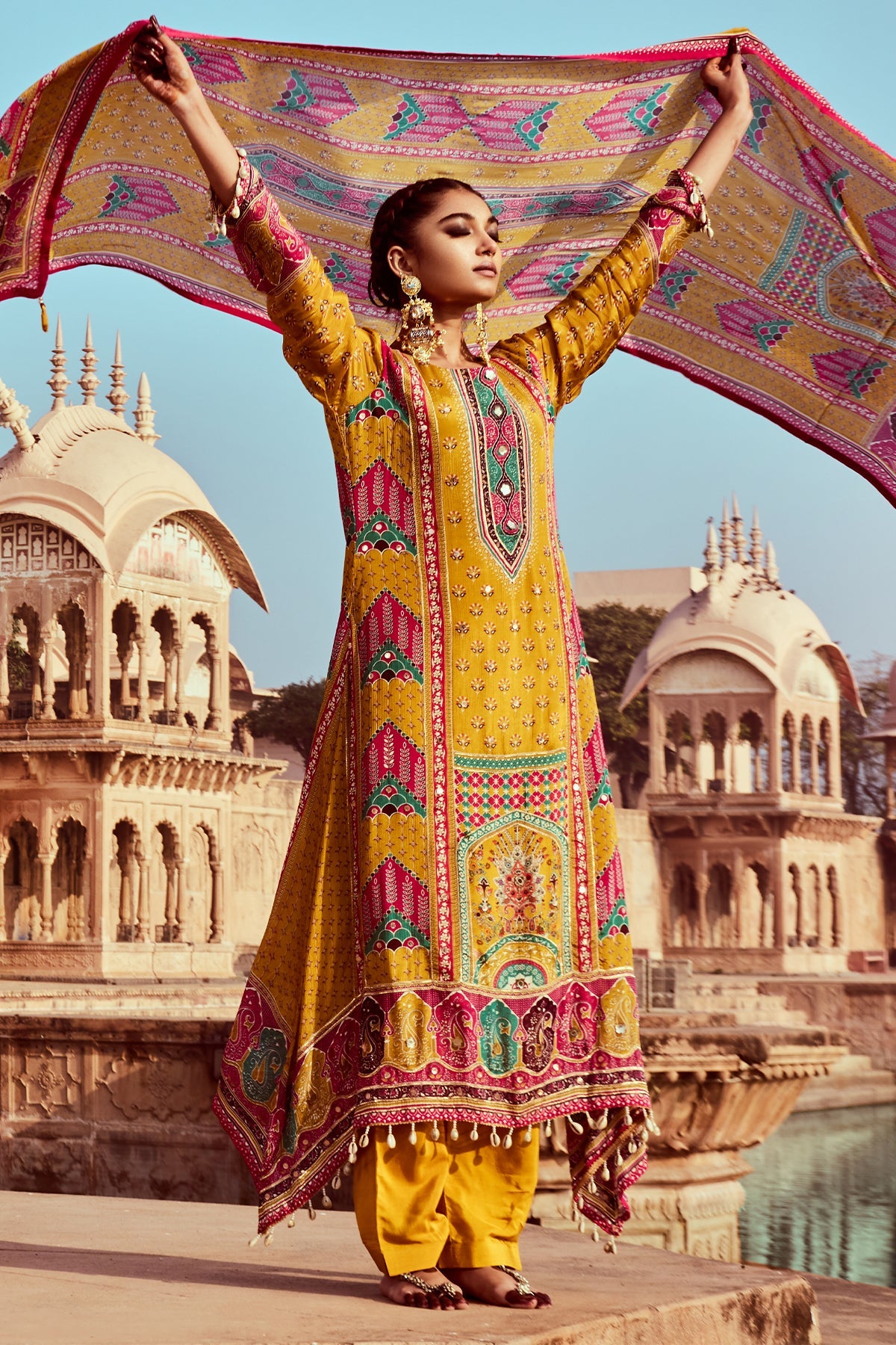 Mustard Embellished Kurta 3 Pcs Set
