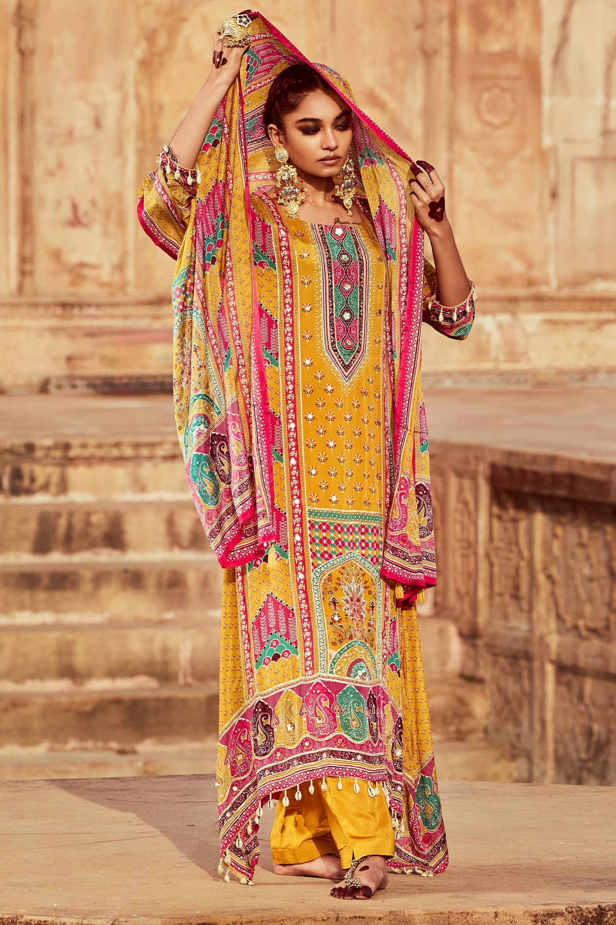 Mustard Embellished Kurta 3 Pcs Set