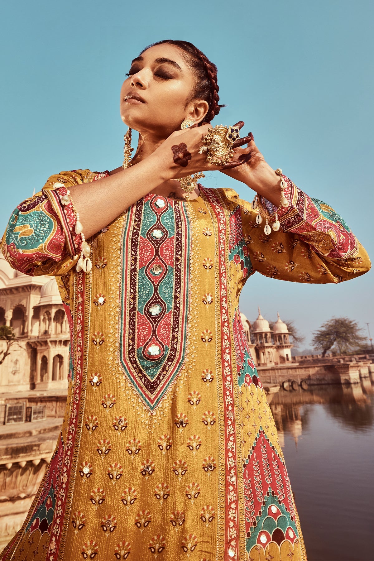 Mustard Embellished Kurta 3 Pcs Set