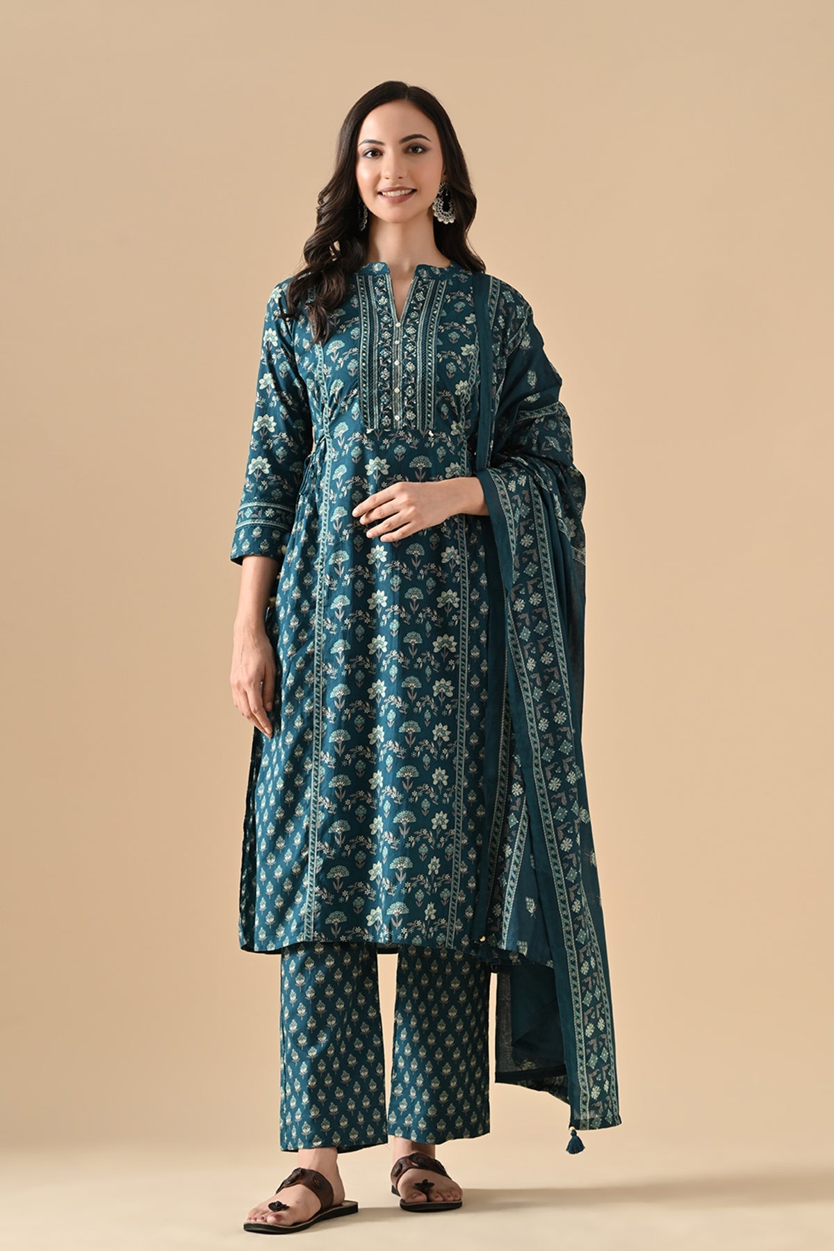 Green Printed Kurta 3 Pcs Set