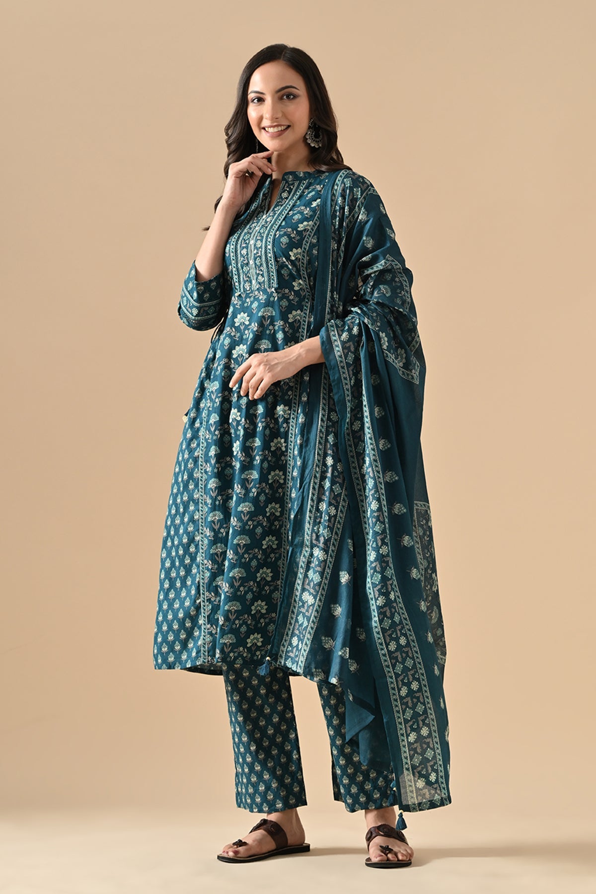 Green Printed Kurta 3 Pcs Set