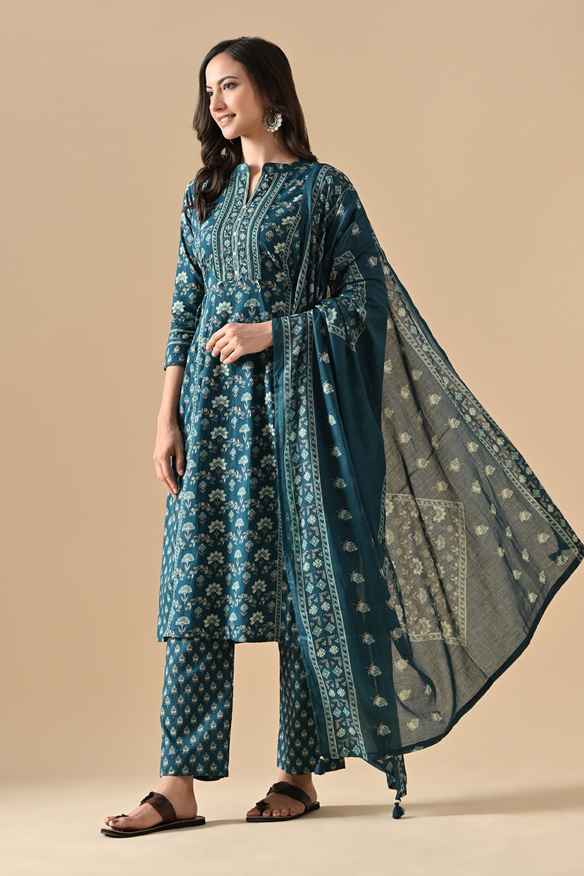 Green Printed Kurta 3 Pcs Set