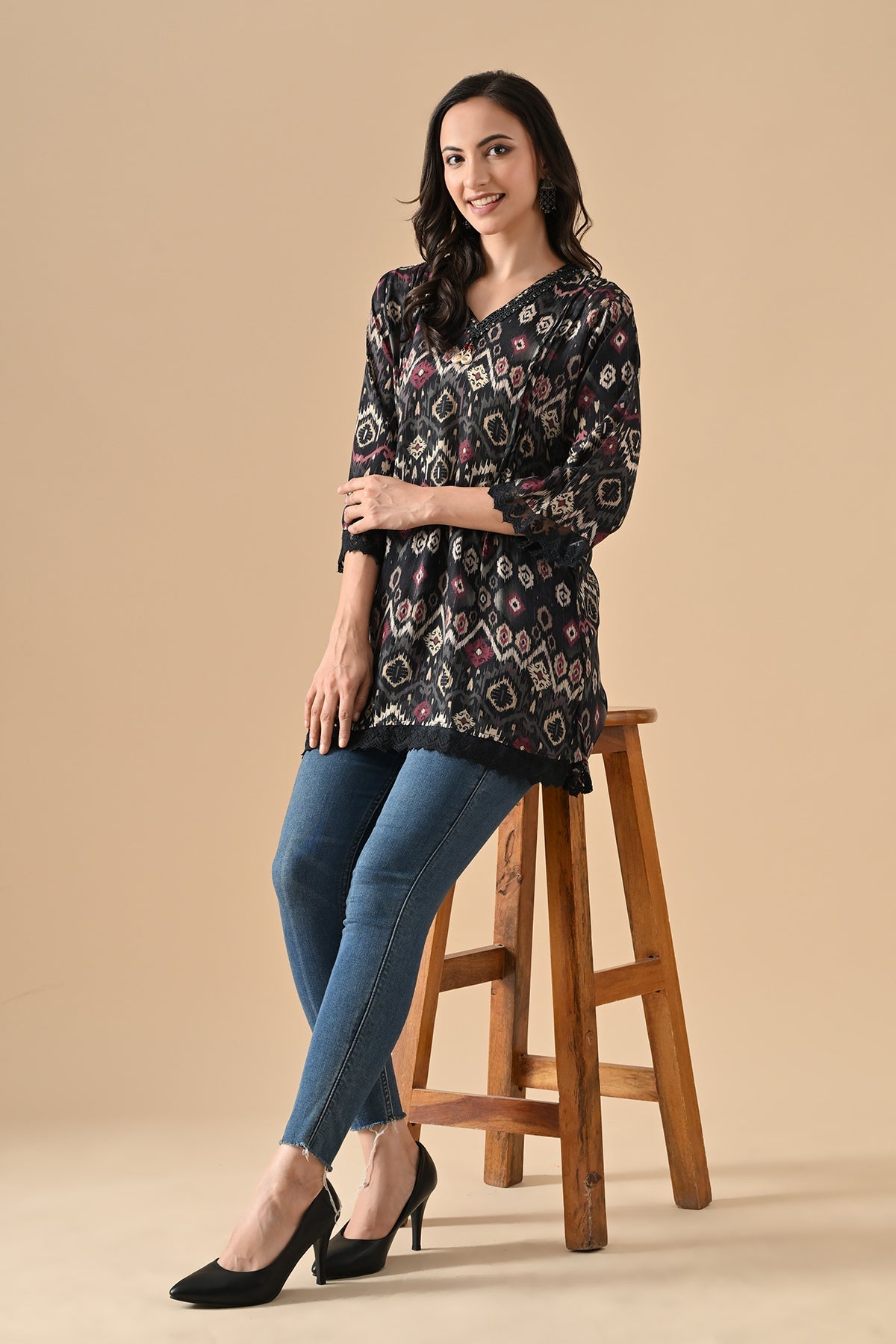 Black Printed Straight Top