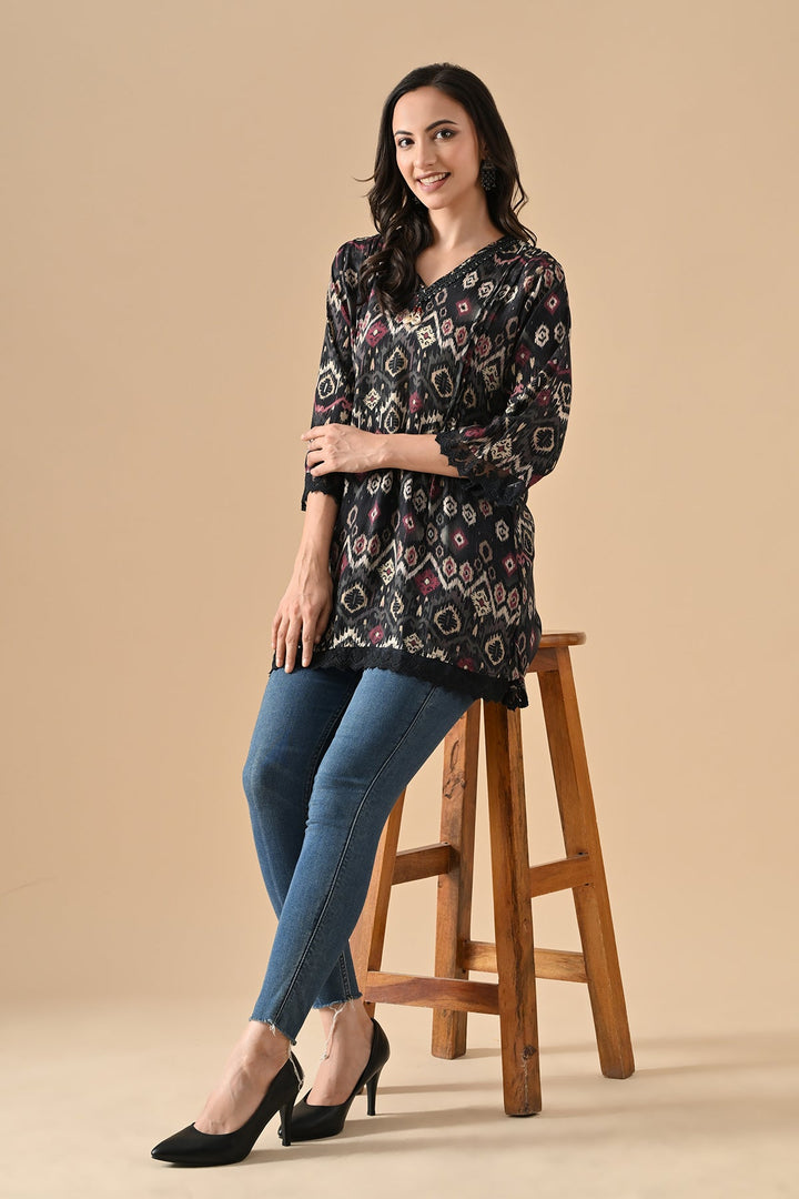 Black Printed Straight Top