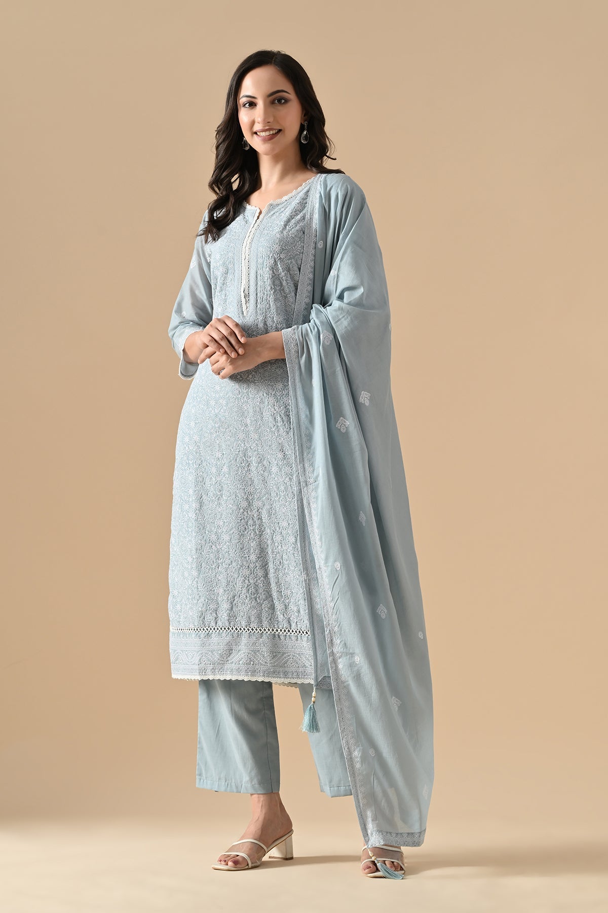 Blue Embroidered Kurta 3 Pcs Set
