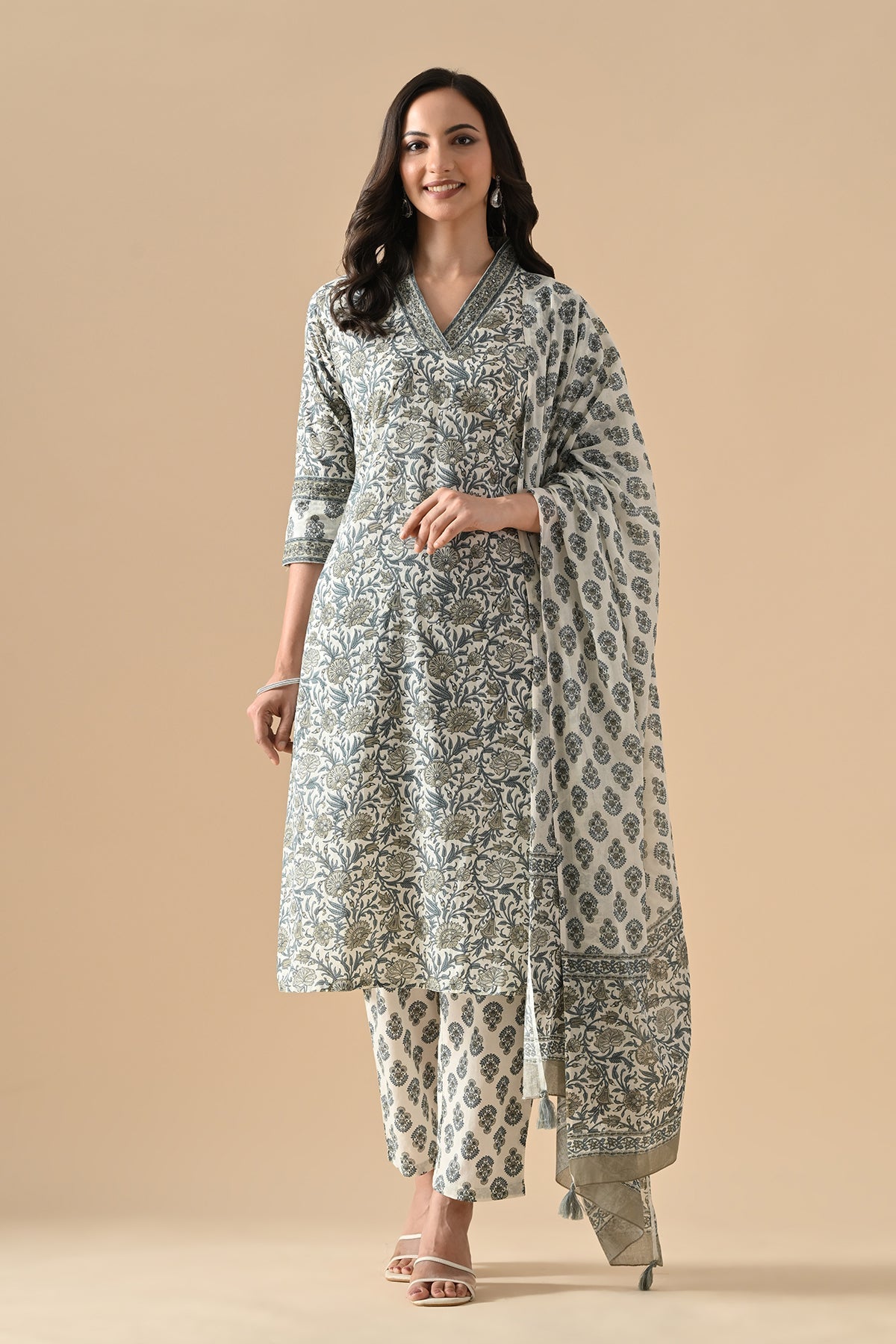Cream Printed Kurta 3 Pcs Set