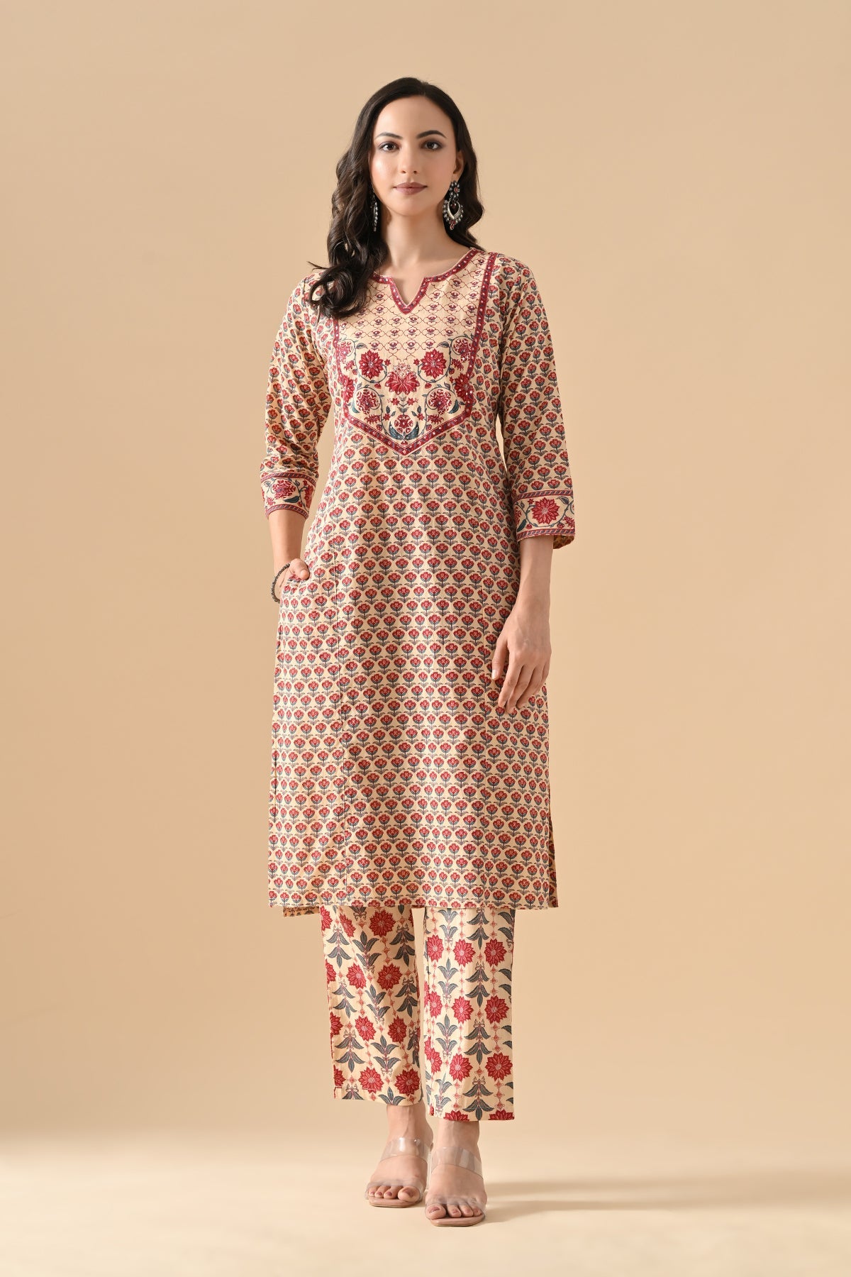 Beige Printed Straight Kurta 2 Pcs Set