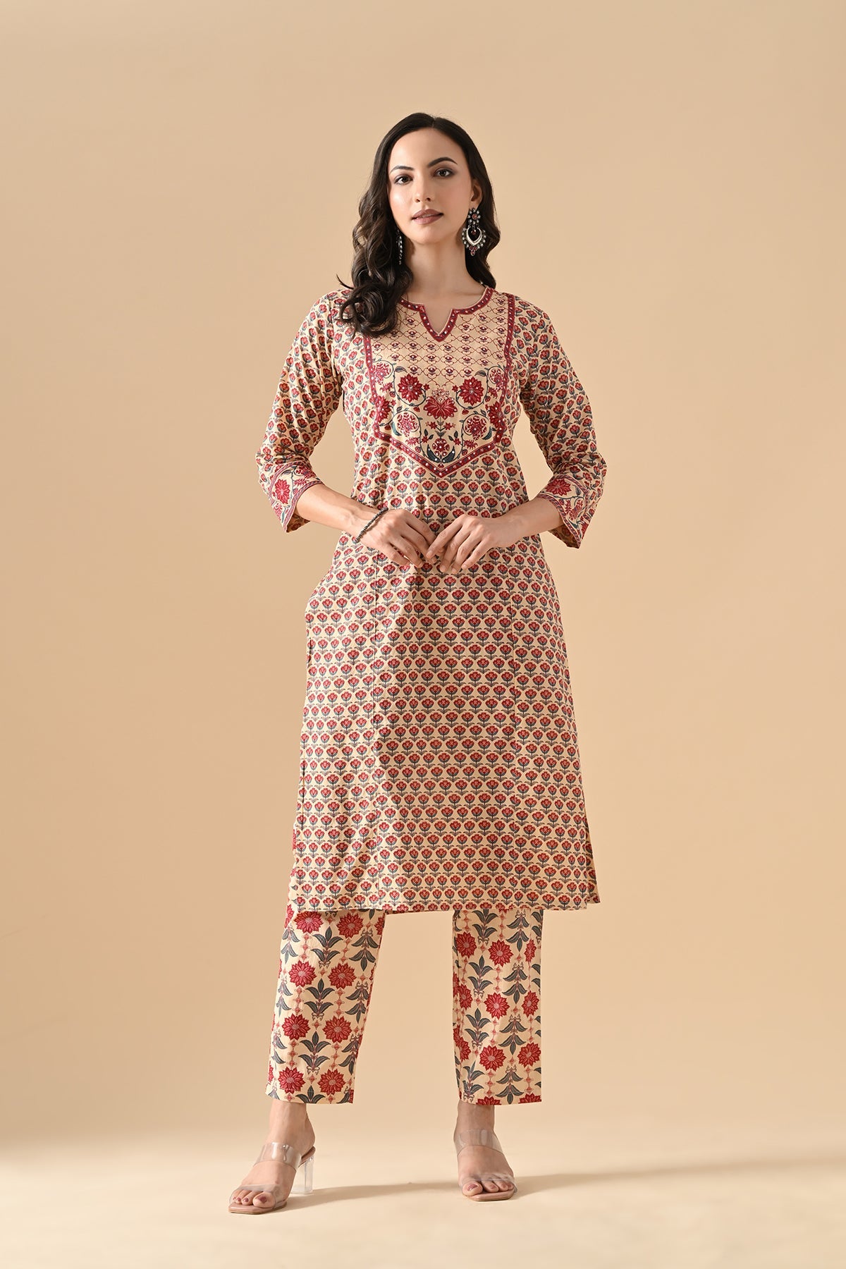 Beige Printed Straight Kurta 2 Pcs Set