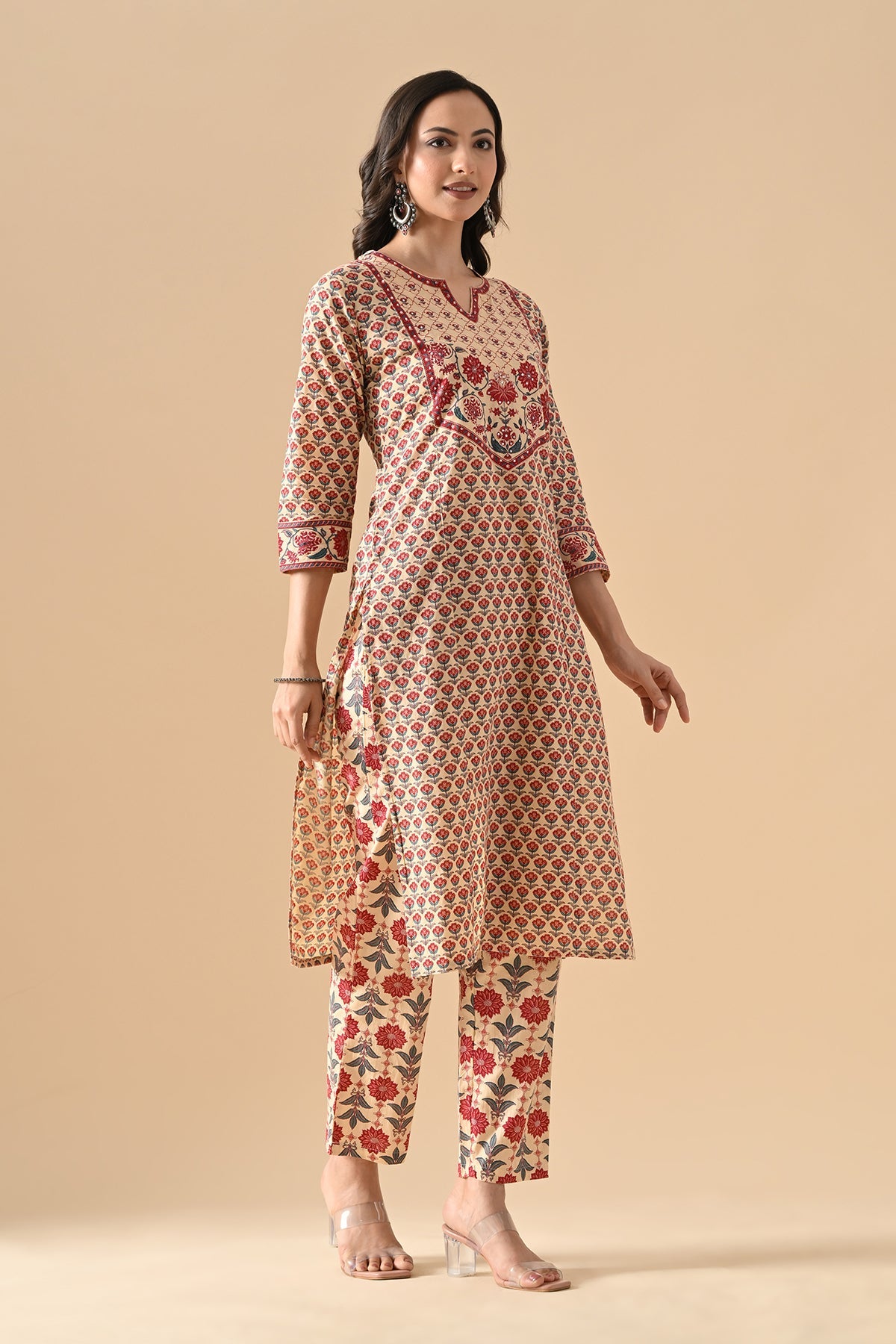 Beige Printed Straight Kurta 2 Pcs Set