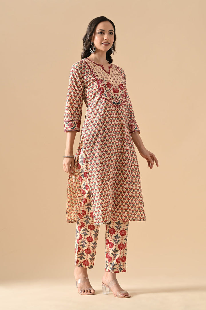 Beige Printed Straight Kurta
