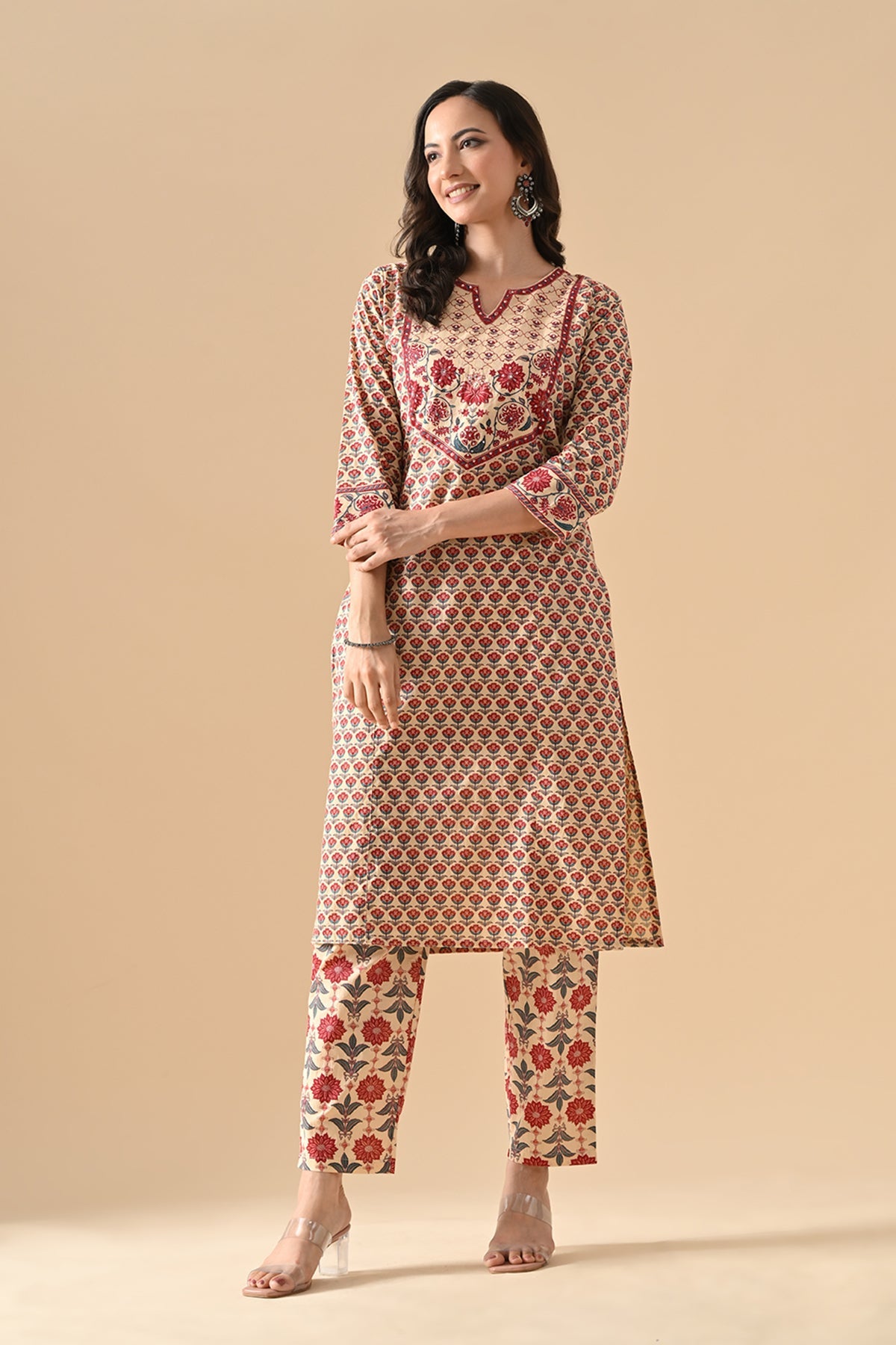 Beige Printed Straight Kurta 2 Pcs Set