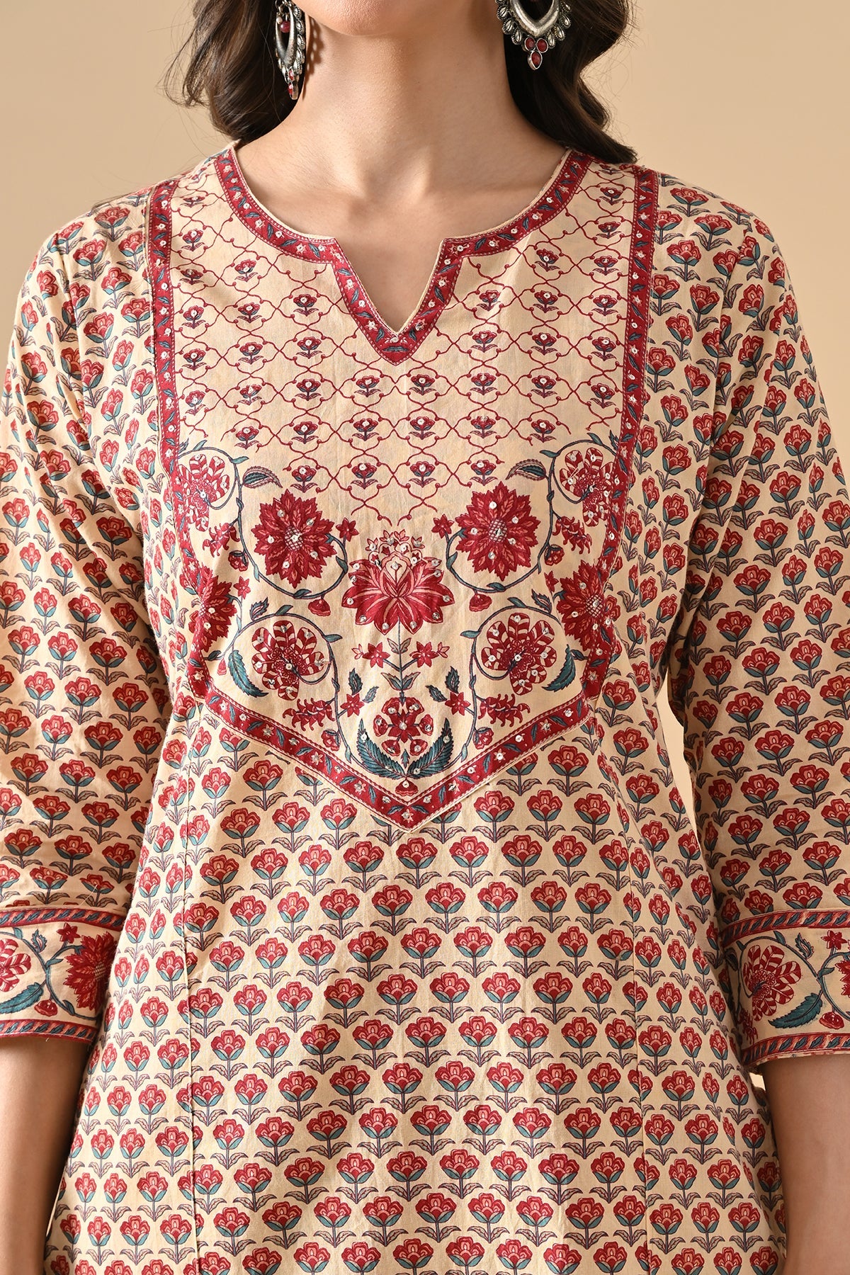 Beige Printed Straight Kurta 2 Pcs Set
