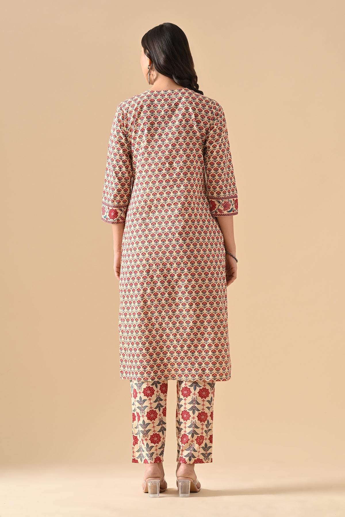 Beige Printed Straight Kurta 2 Pcs Set