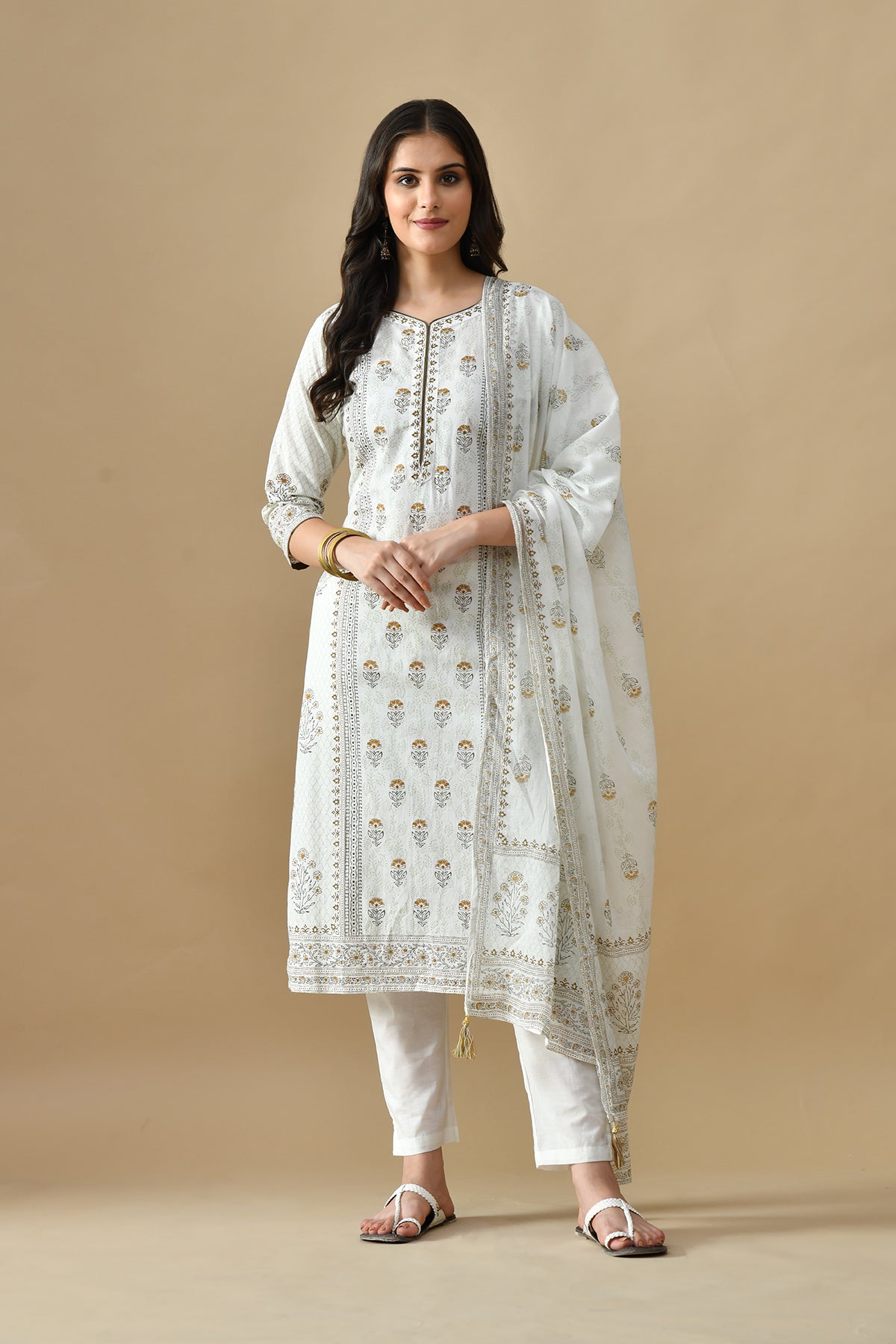 Cream Printed Kurta 3 Pcs Set