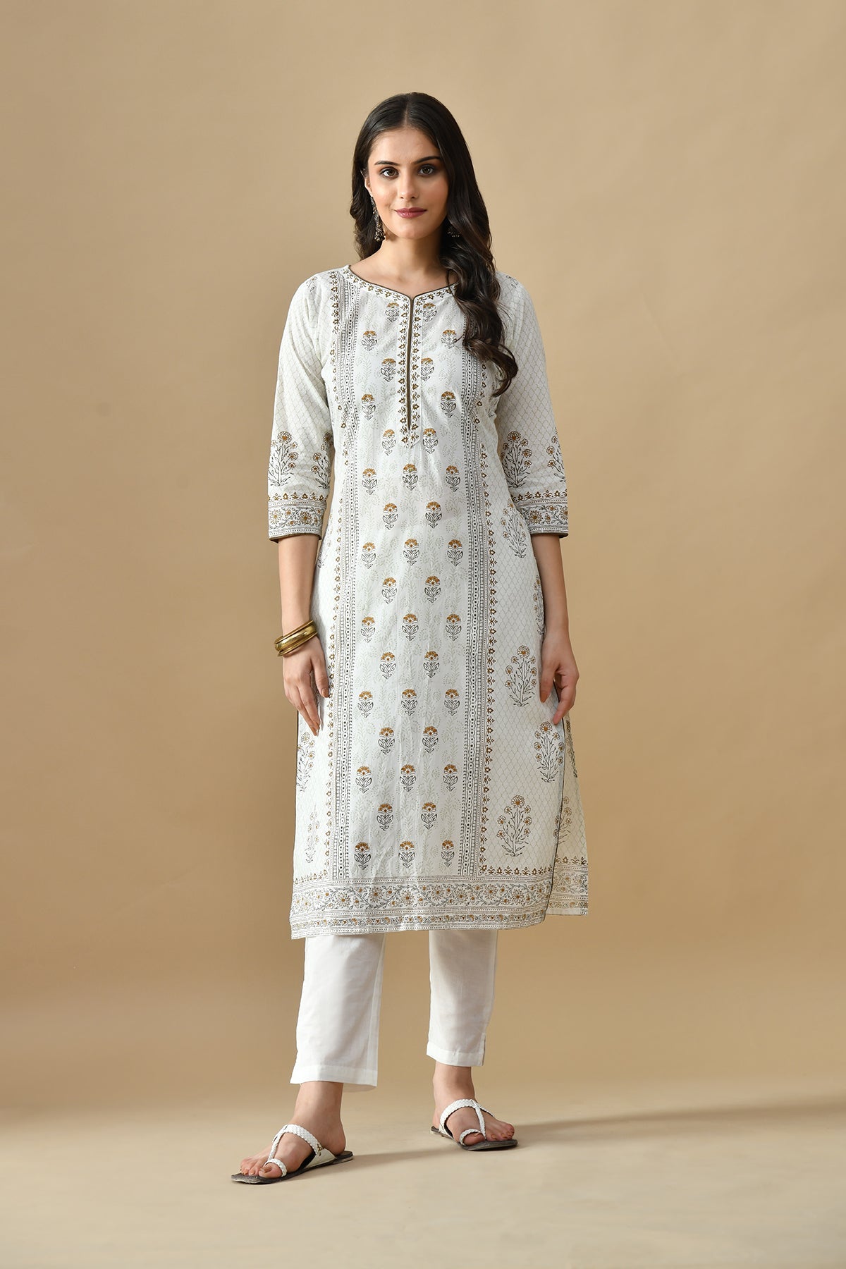 Cream Printed Kurta 3 Pcs Set