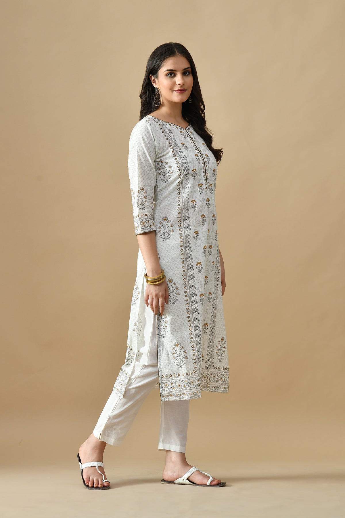 Cream Printed Kurta 3 Pcs Set