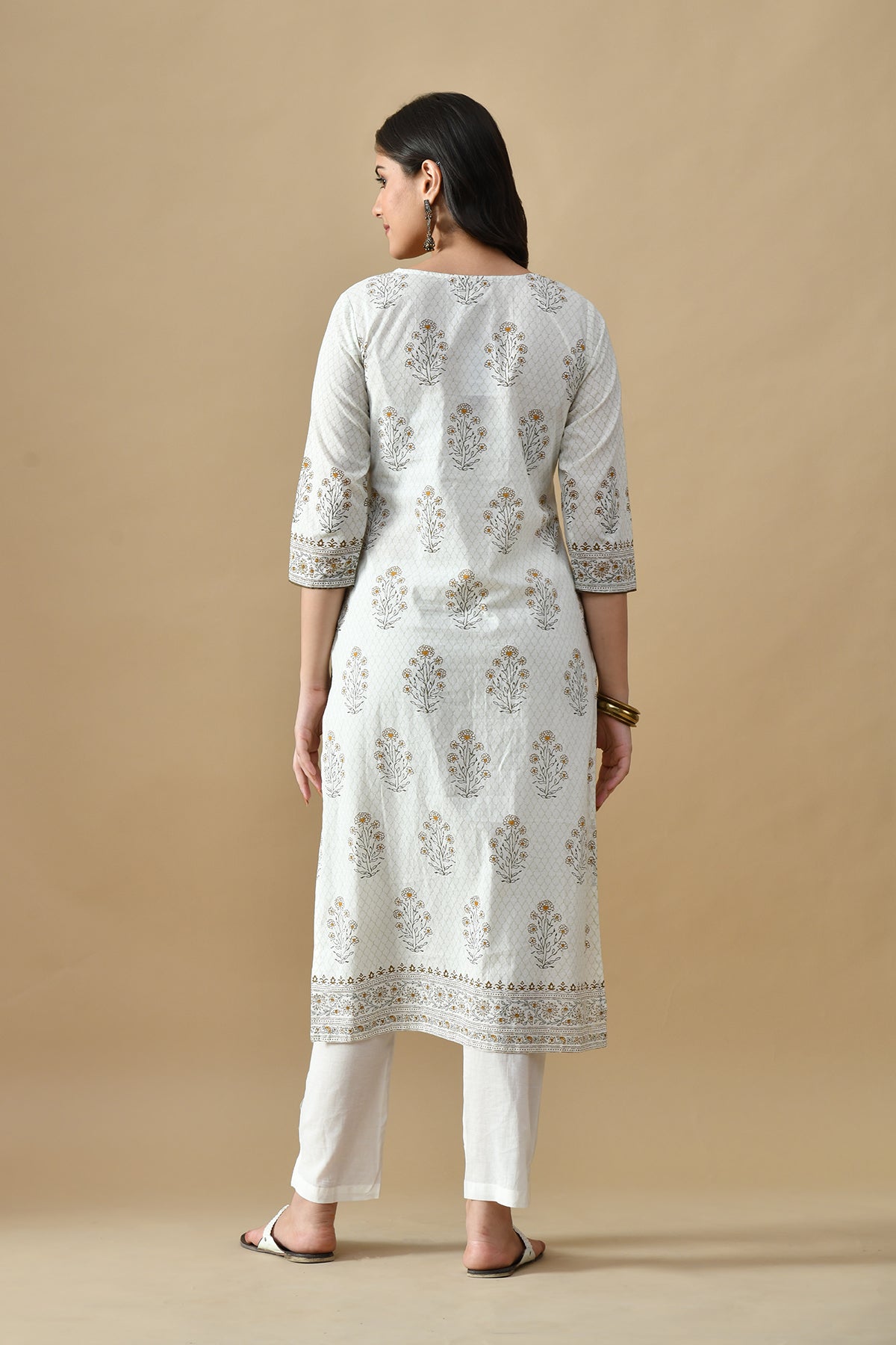 Cream Printed Kurta 3 Pcs Set