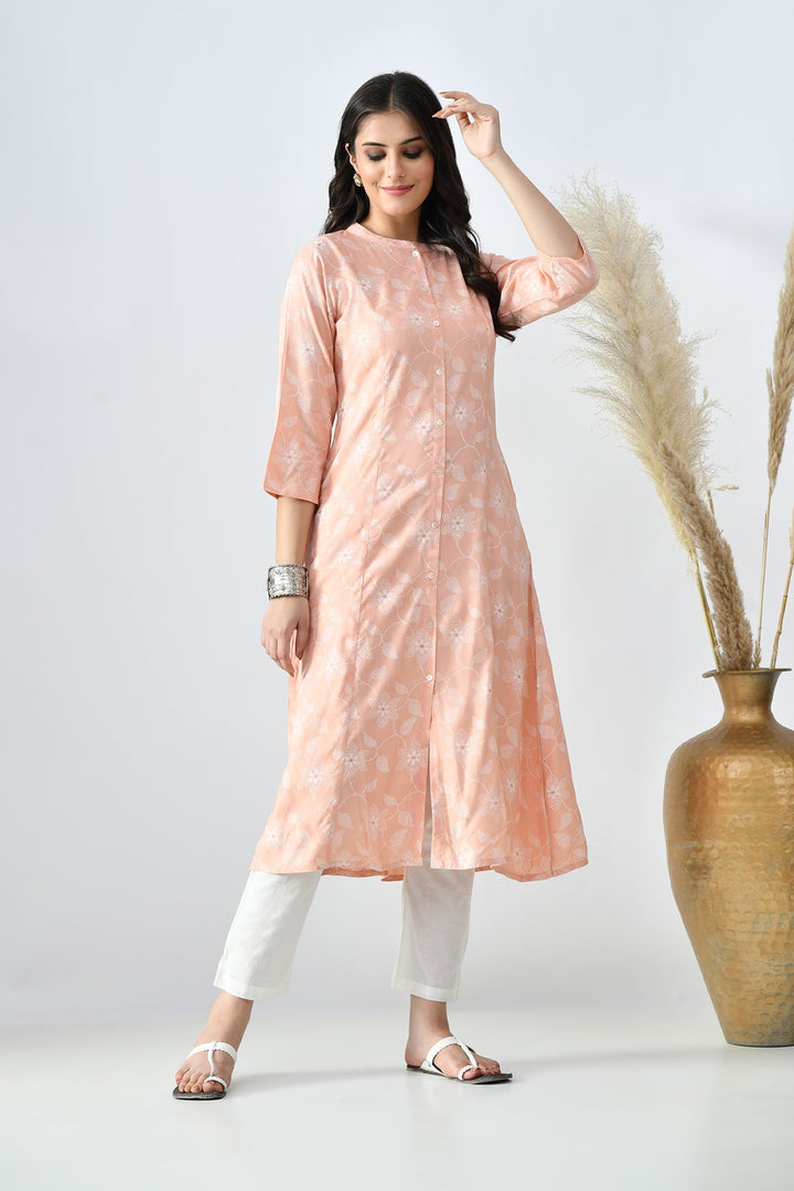 Peach Printed A-line Kurta