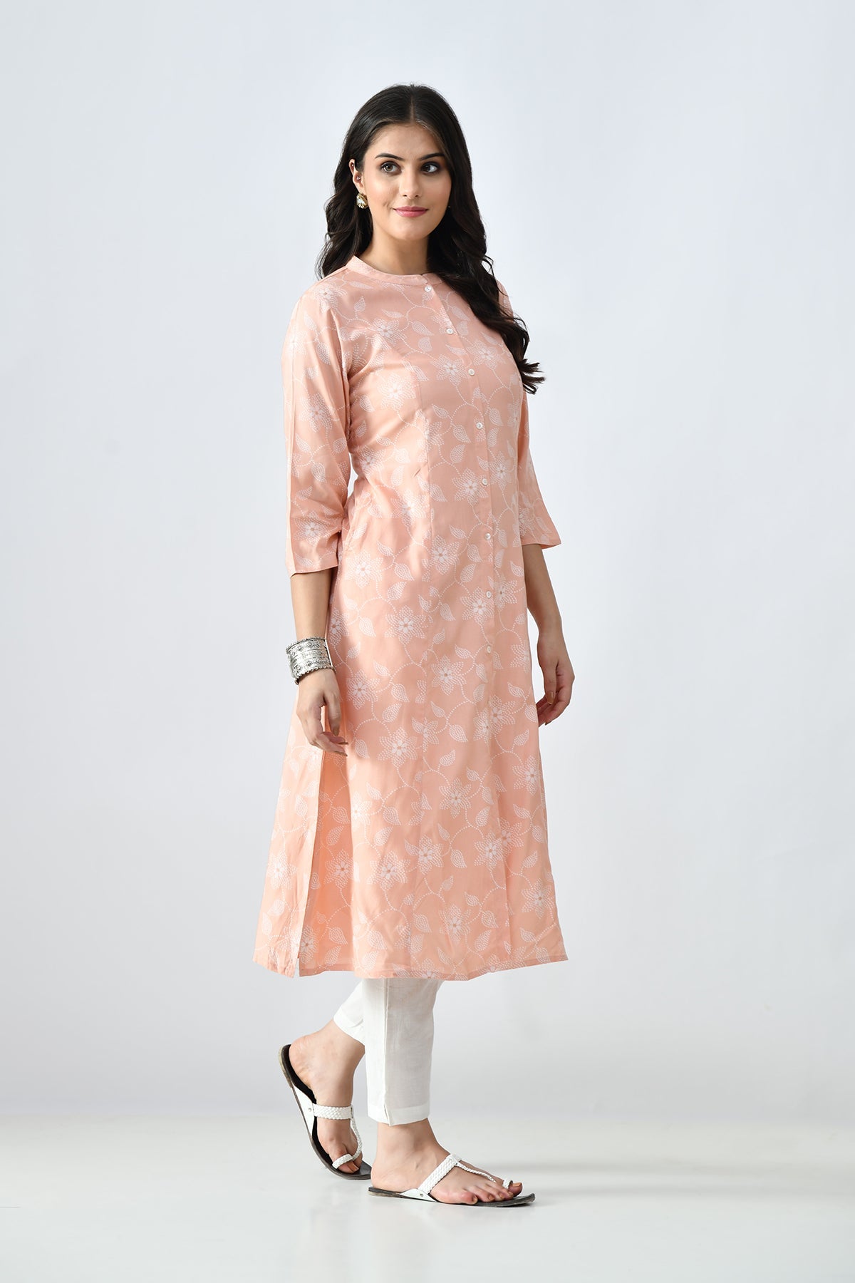 Peach Printed A-line Kurta