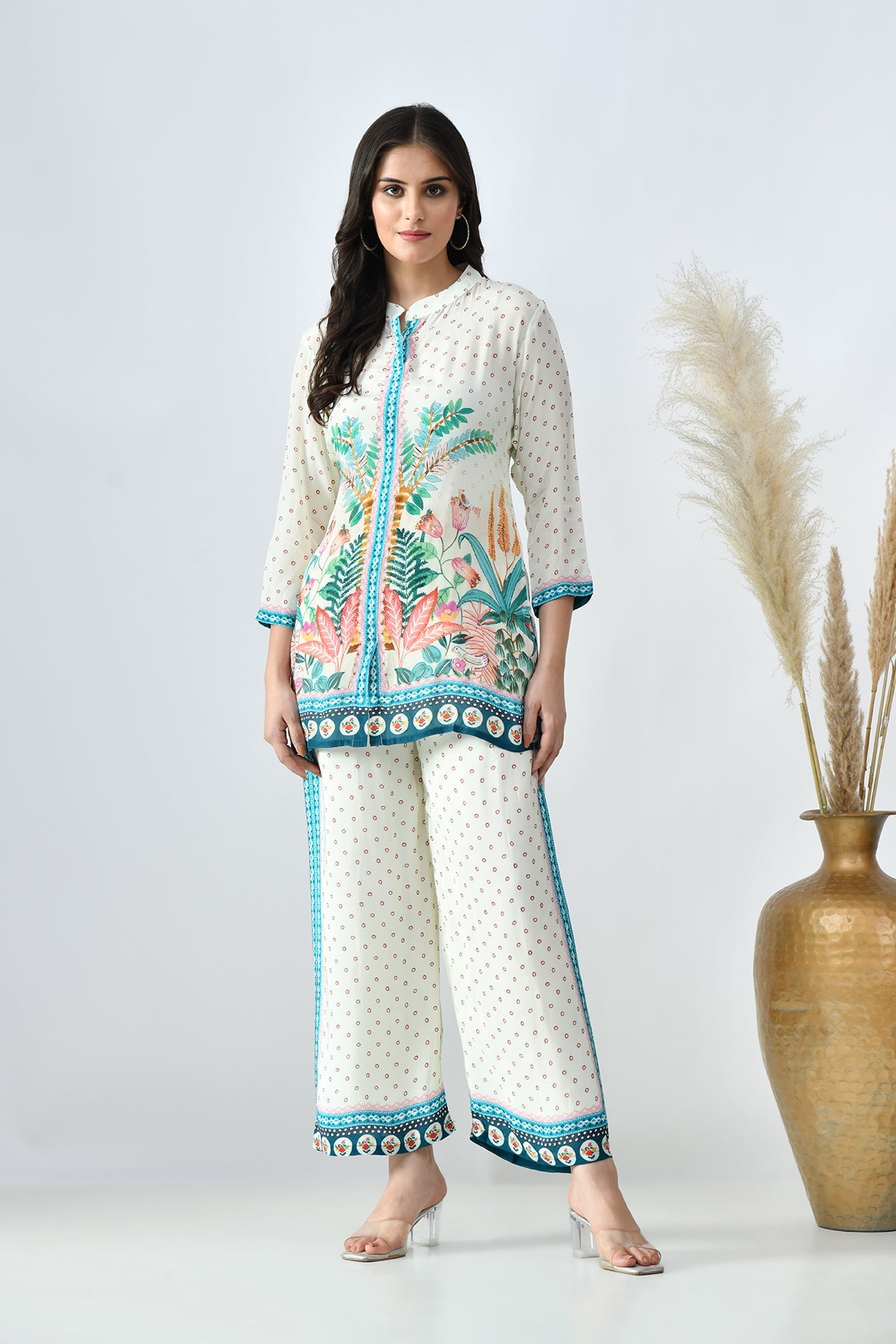 Cream Printed Co-Ord 3 Pcs Set