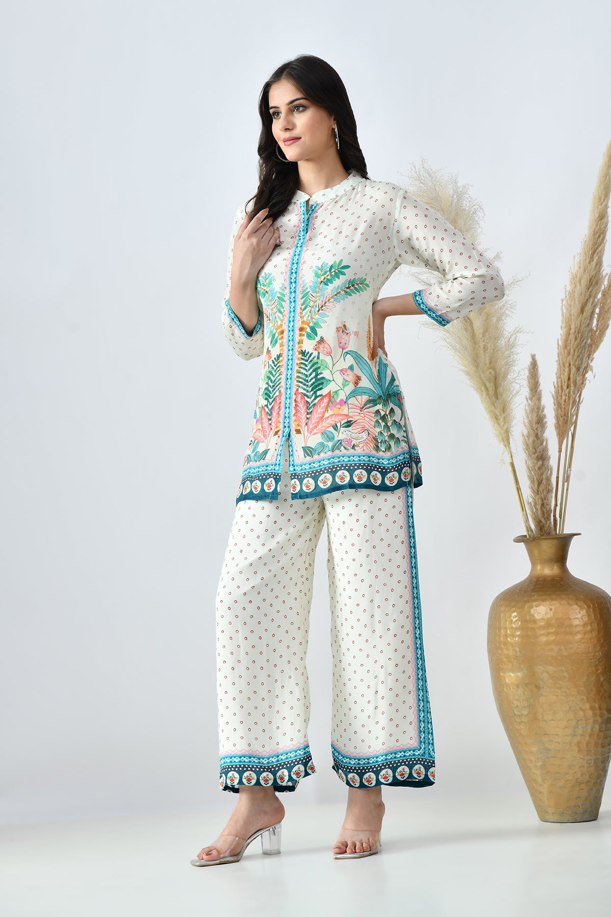 Cream Printed Co-Ord 3 Pcs Set