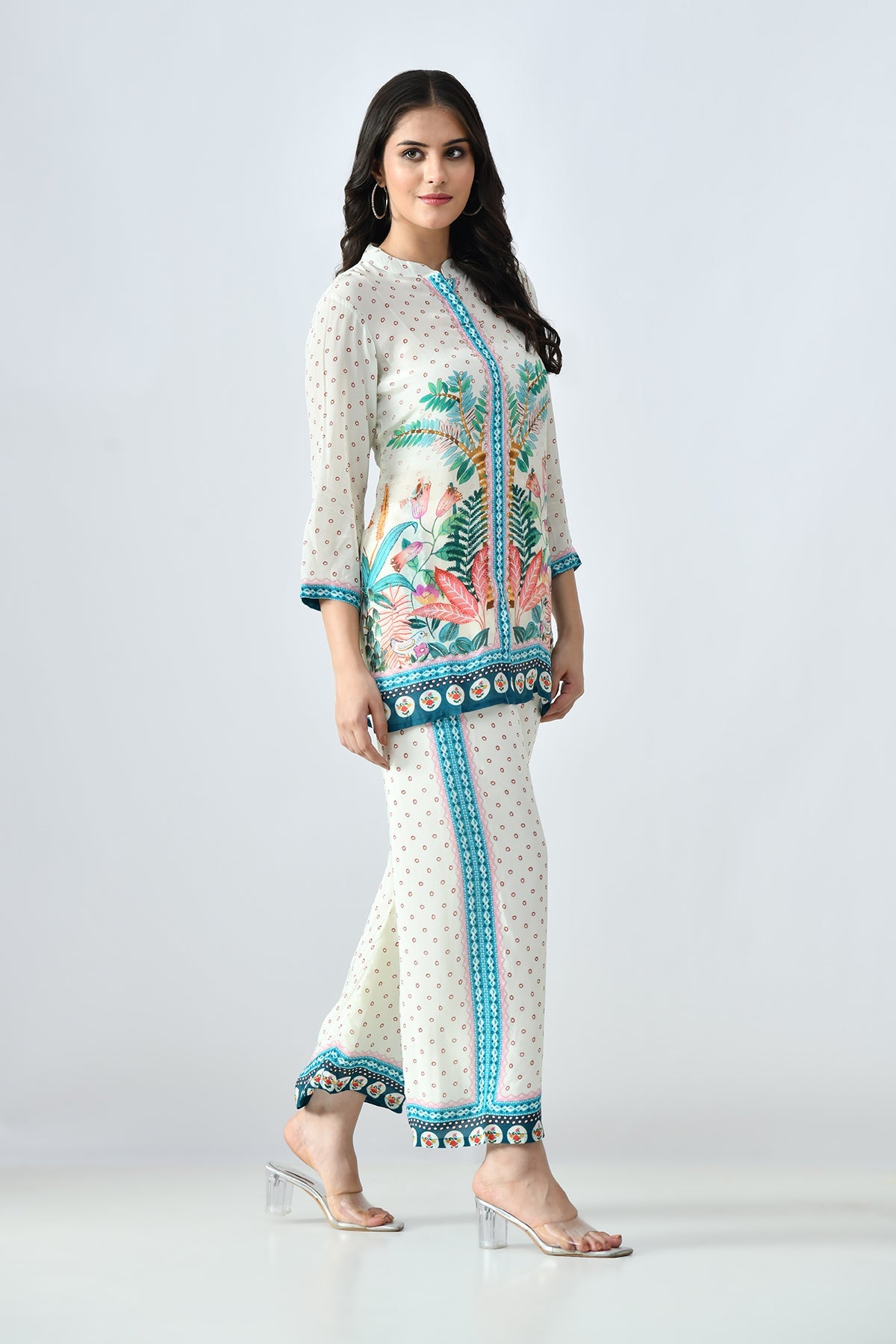 Cream Printed Co-Ord 3 Pcs Set