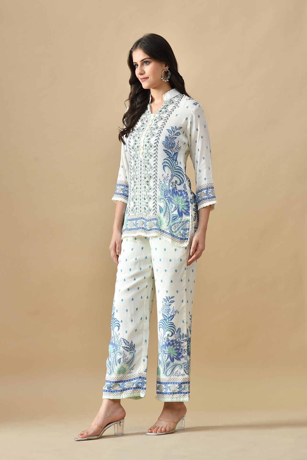 Cream Printed Co-Ord 3 Pcs Set