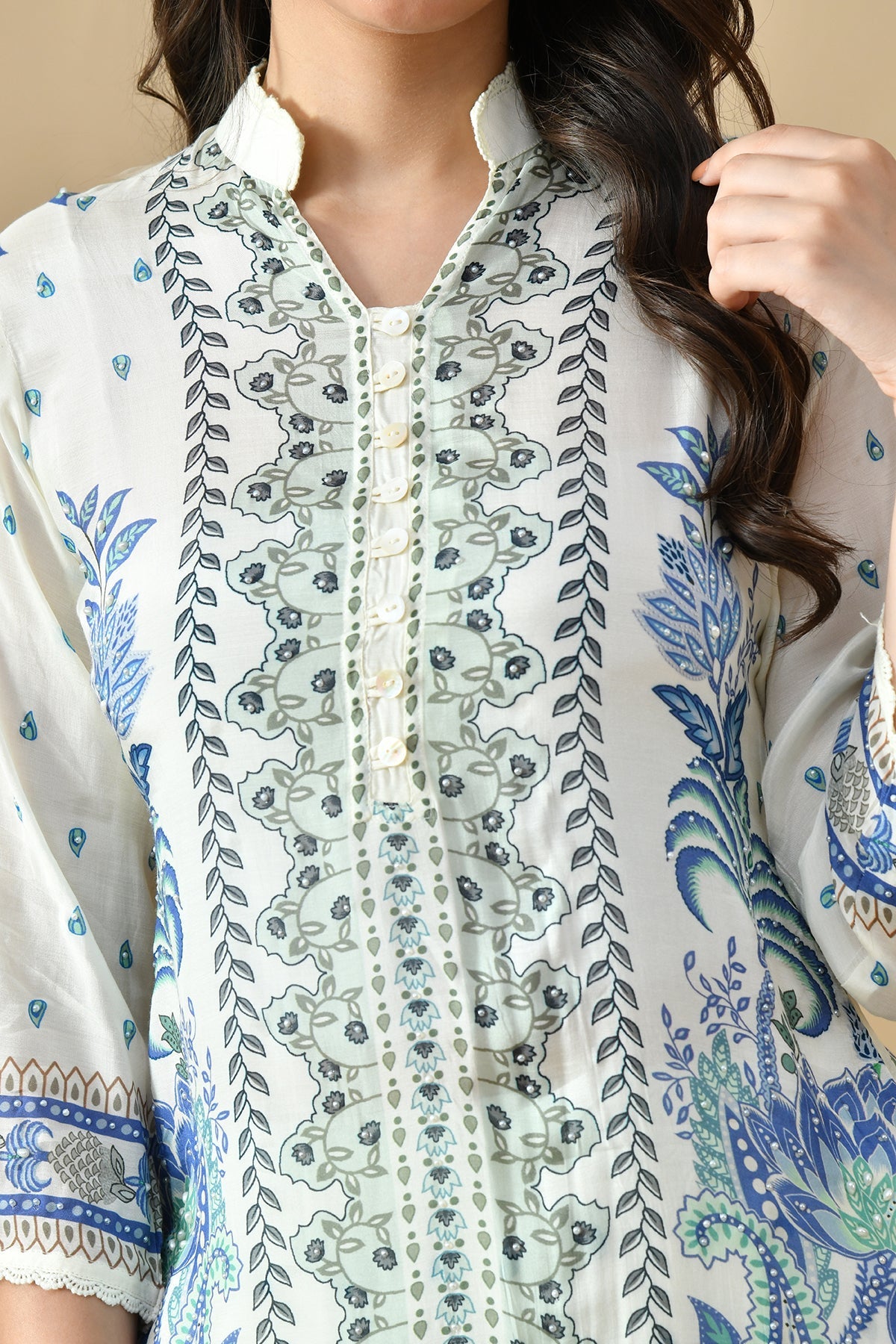 Cream Printed Co-Ord 3 Pcs Set