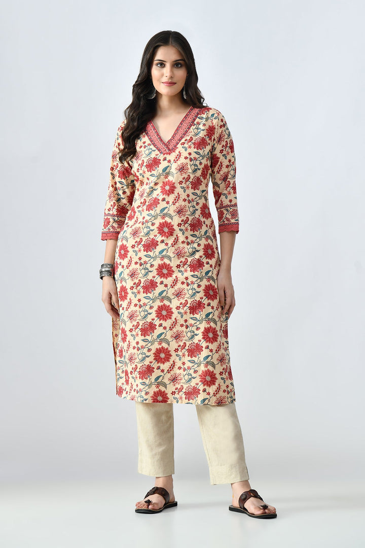 Beige Printed Straight Kurta