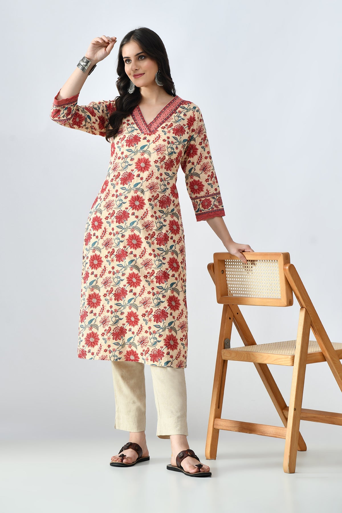 Beige Printed Straight Kurta