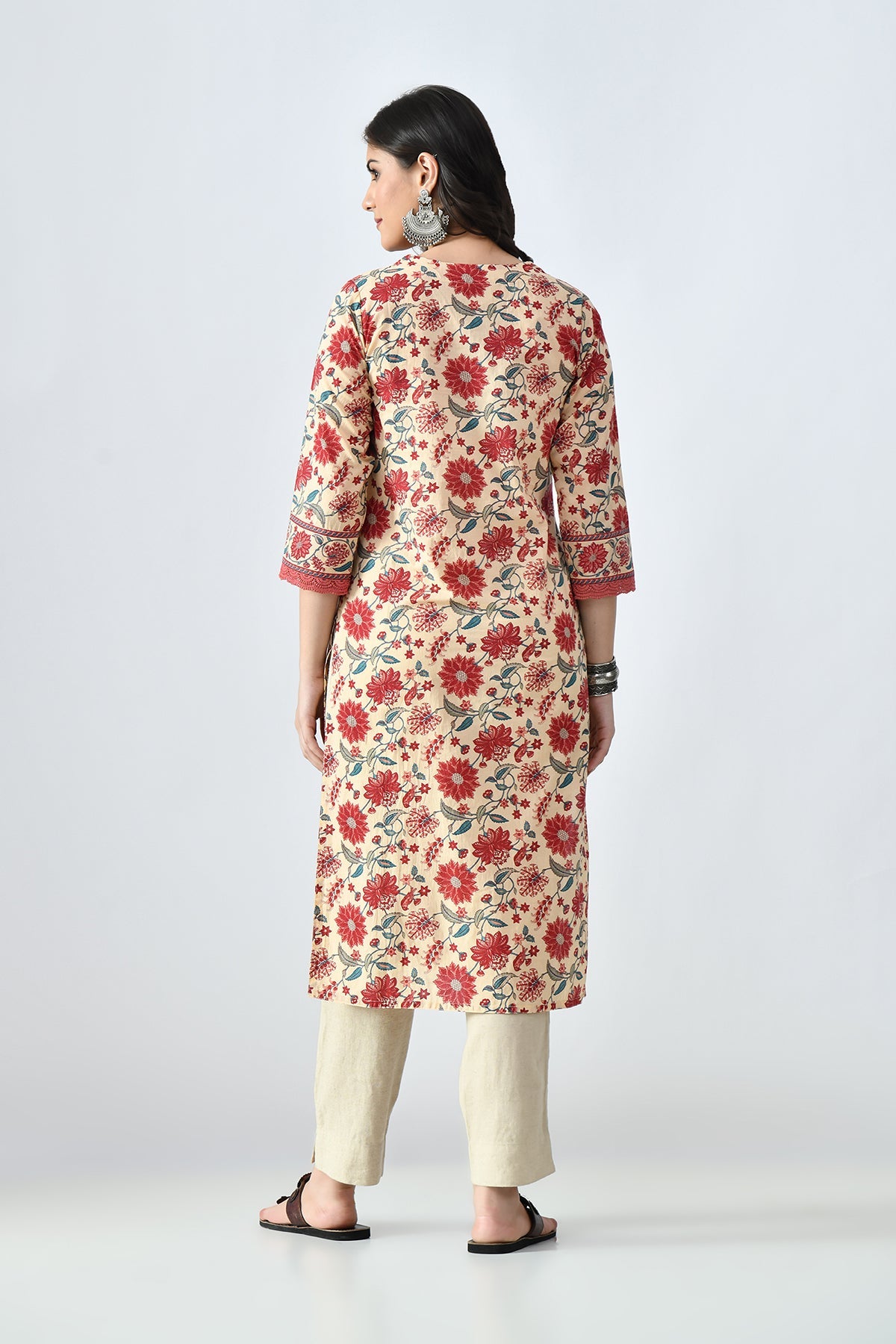 Beige Printed Straight Kurta