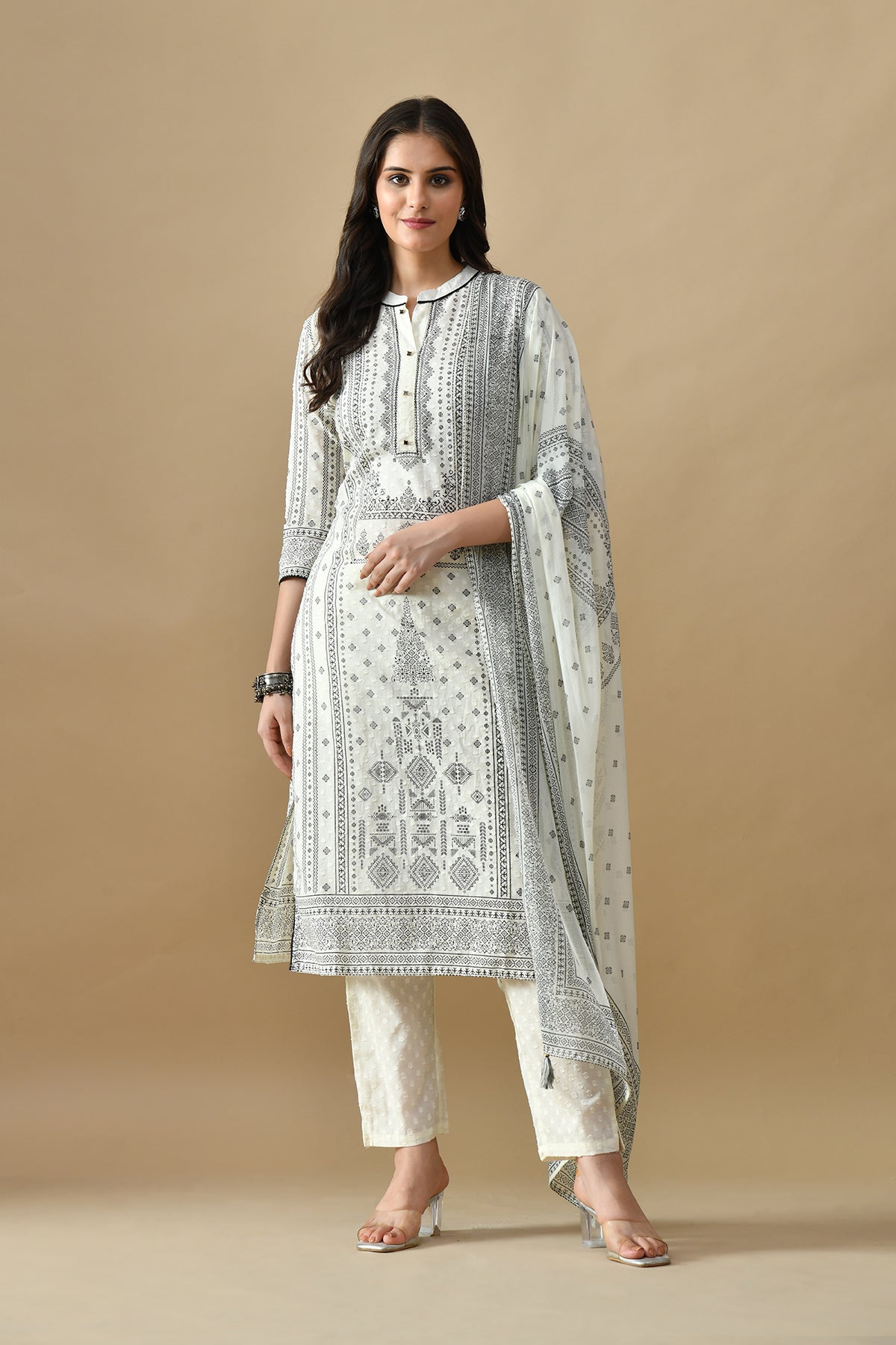 Cream Printed Kurta 3 Pcs Set