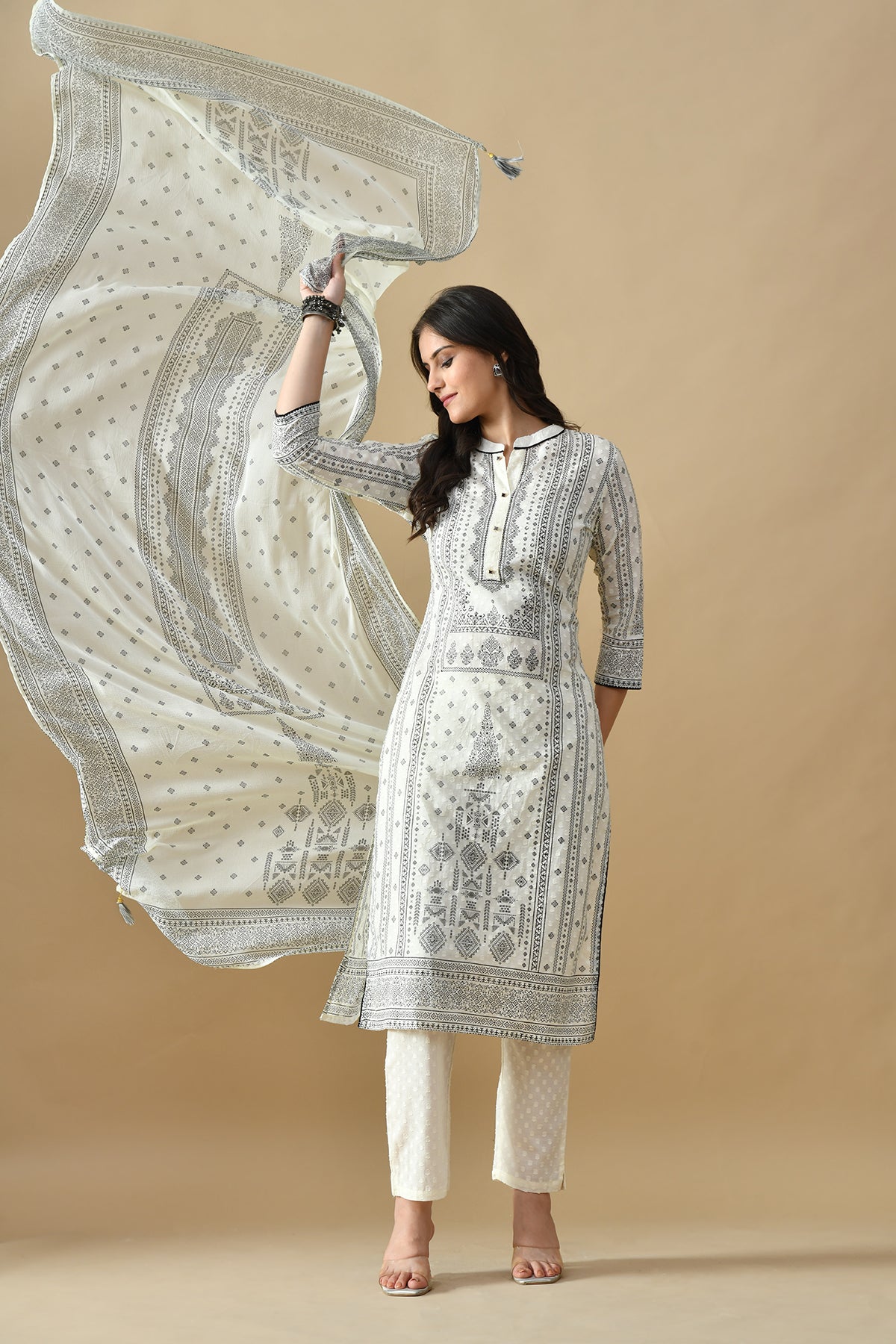 Cream Printed Kurta Set