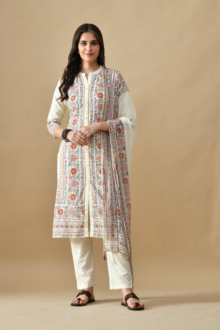 Cream Printed Kurta Set