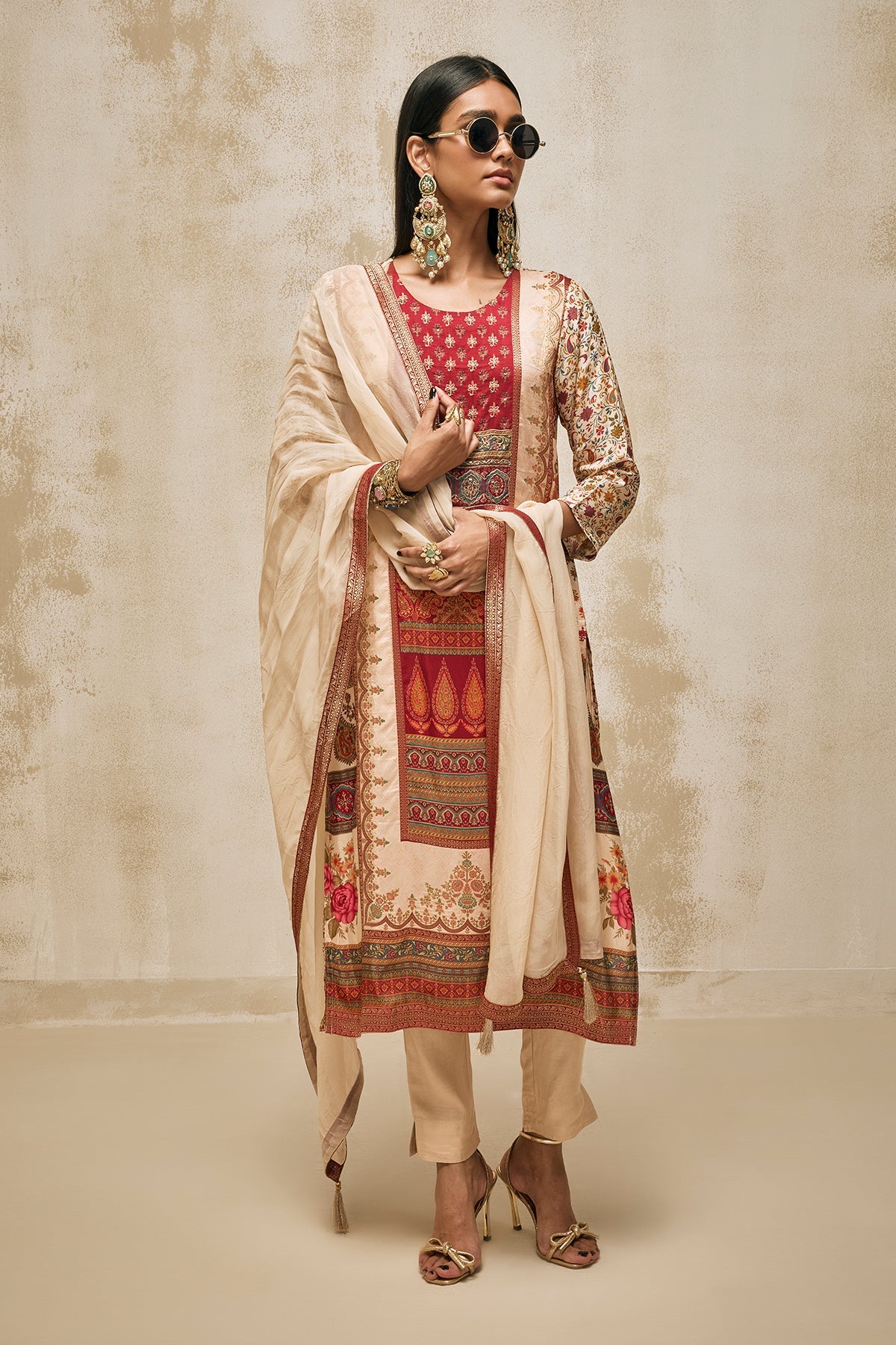 Beige Embellished Kurta 3 Pcs Set