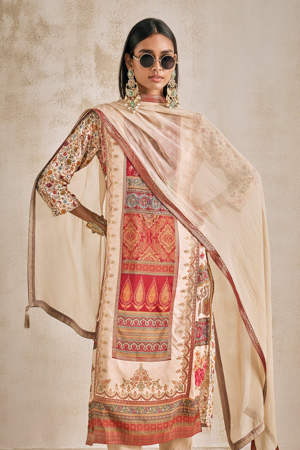 Beige Embellished Kurta 3 Pcs Set