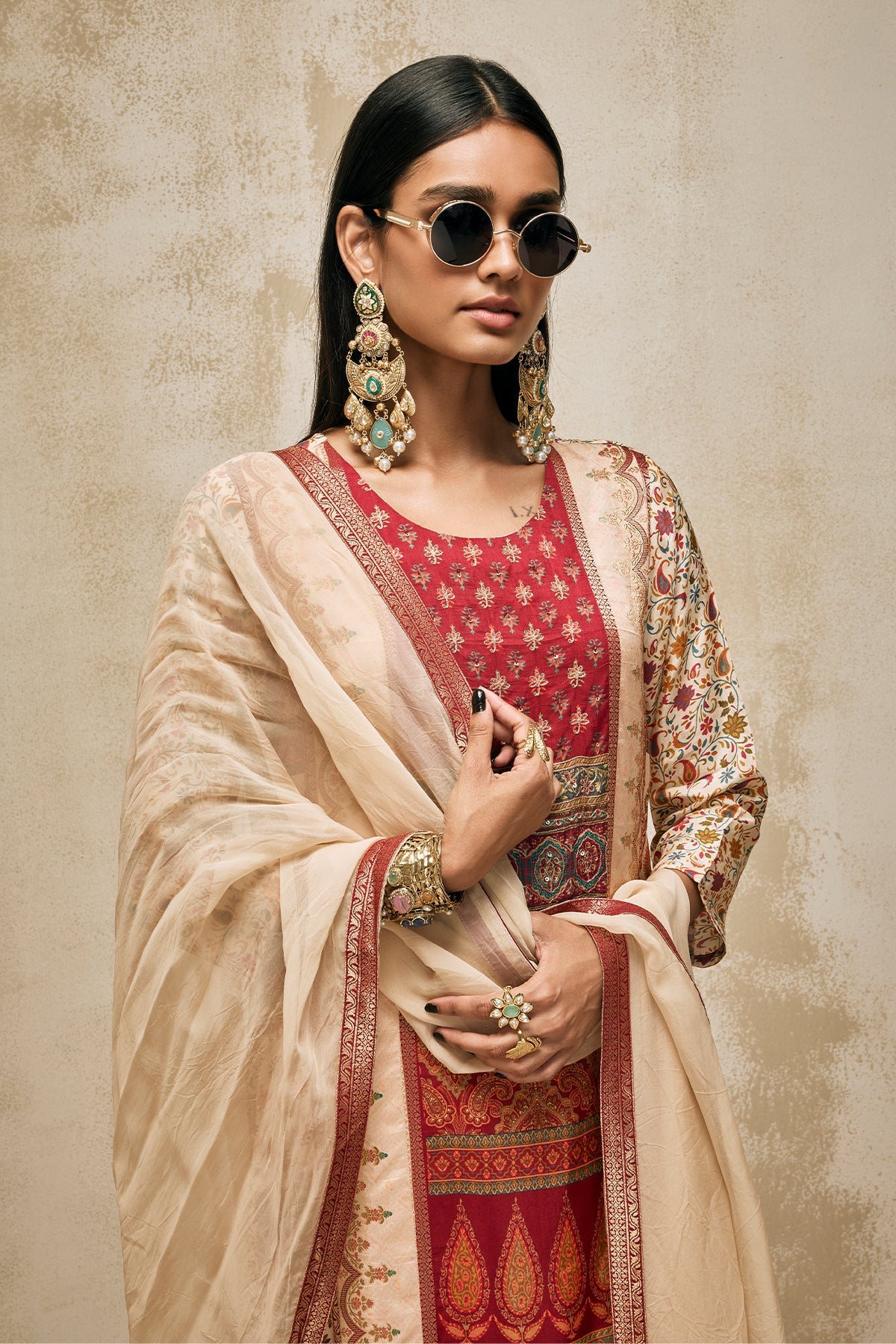 Beige Embellished Kurta 3 Pcs Set