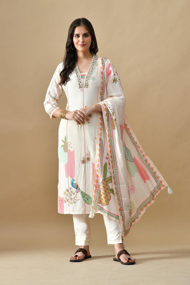 Cream Embellished Kurta Set