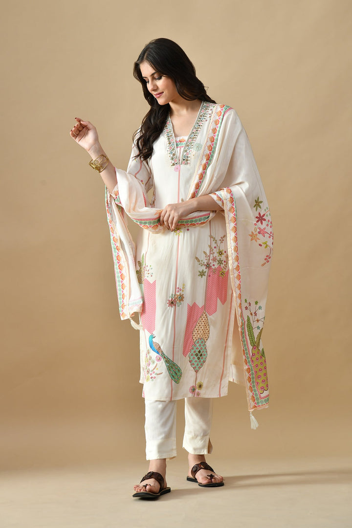 Cream Embellished Kurta Set