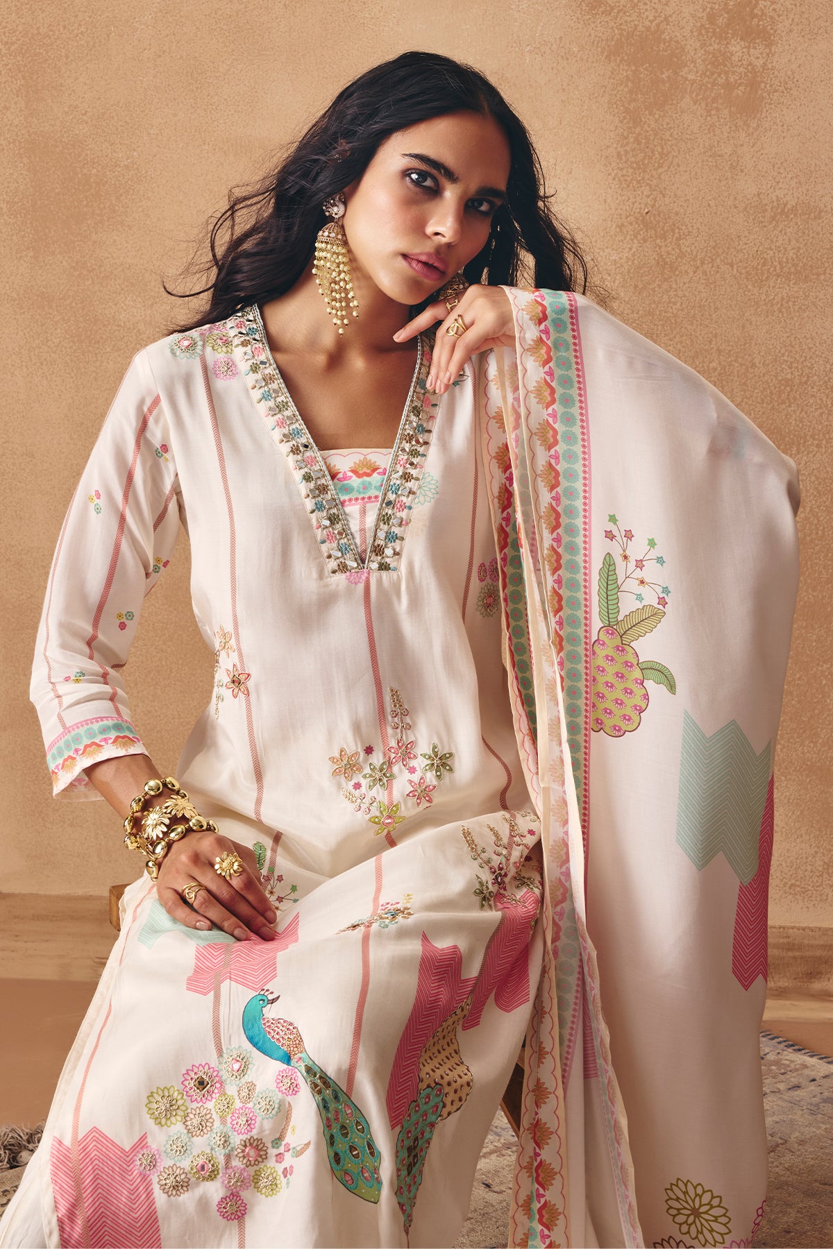 Cream Embellished Kurta 3 Pcs Set