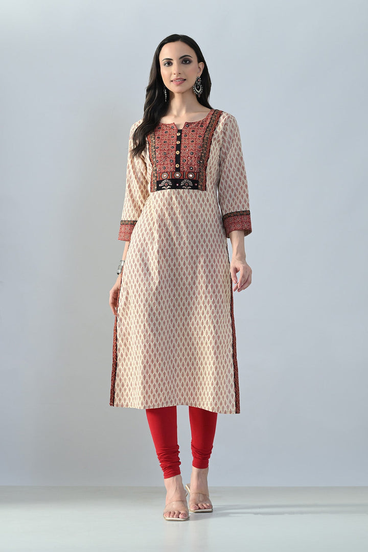Beige Printed Straight Kurta
