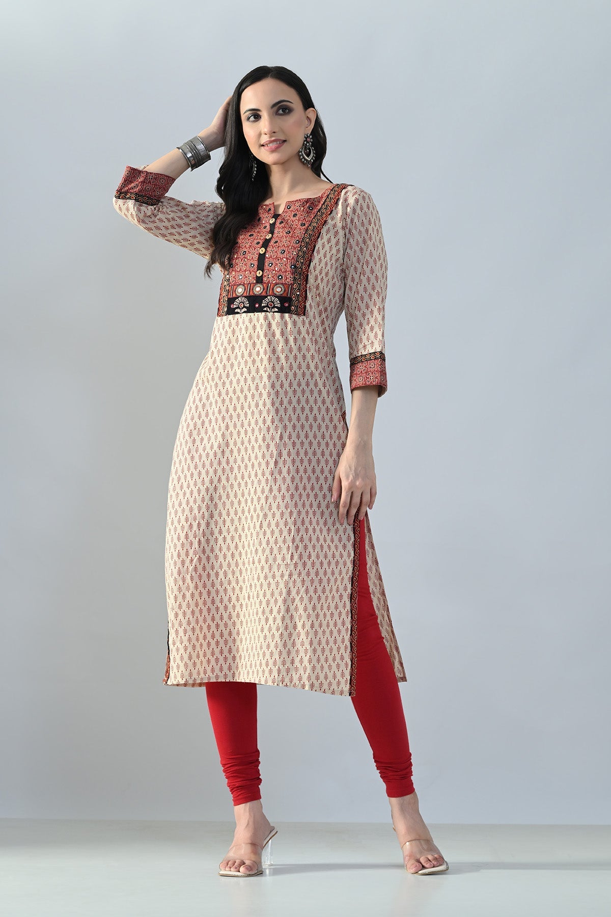 Beige Printed Straight Kurta