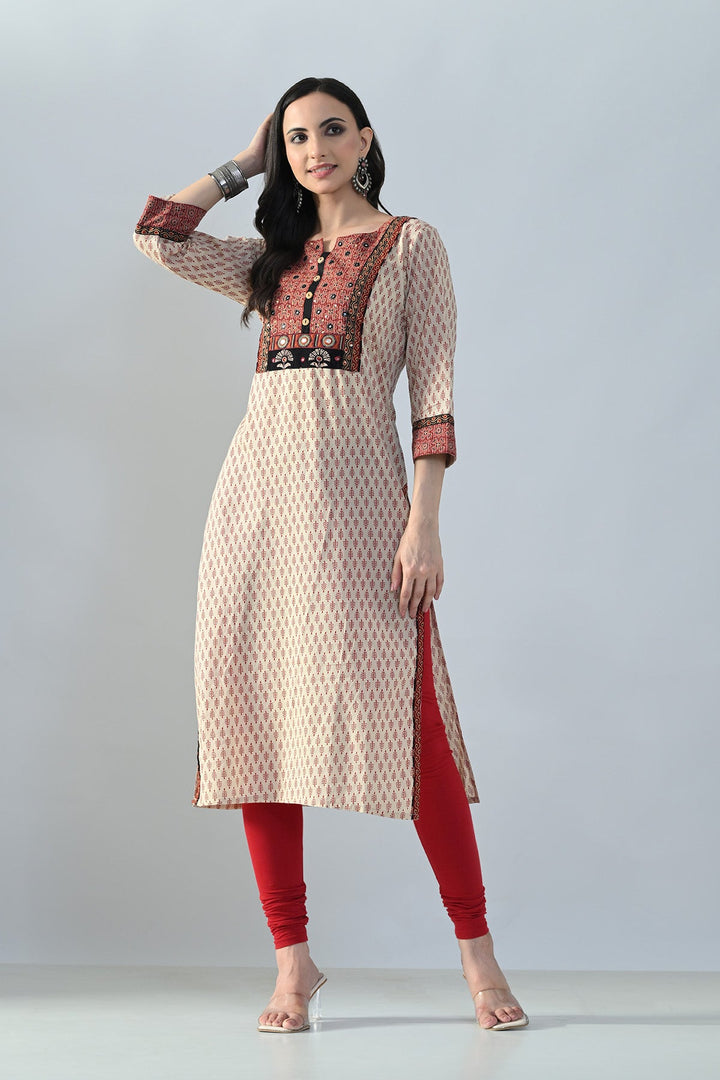 Beige Printed Straight Kurta