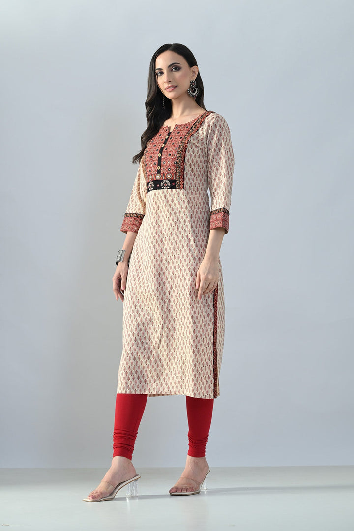 Beige Printed Straight Kurta