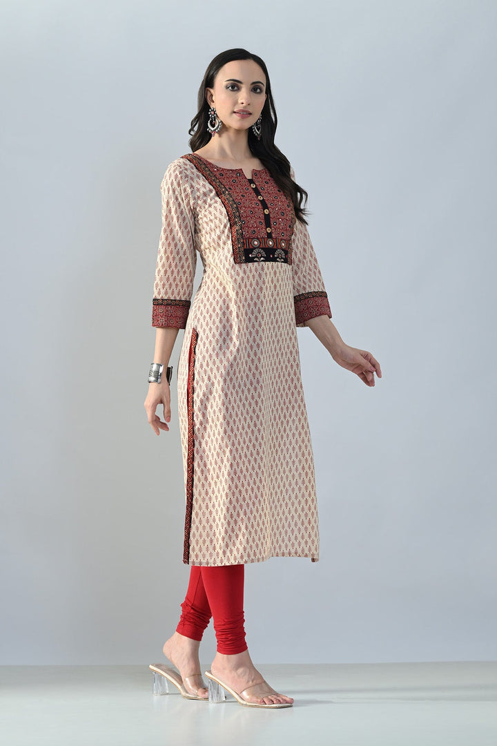 Beige Printed Straight Kurta
